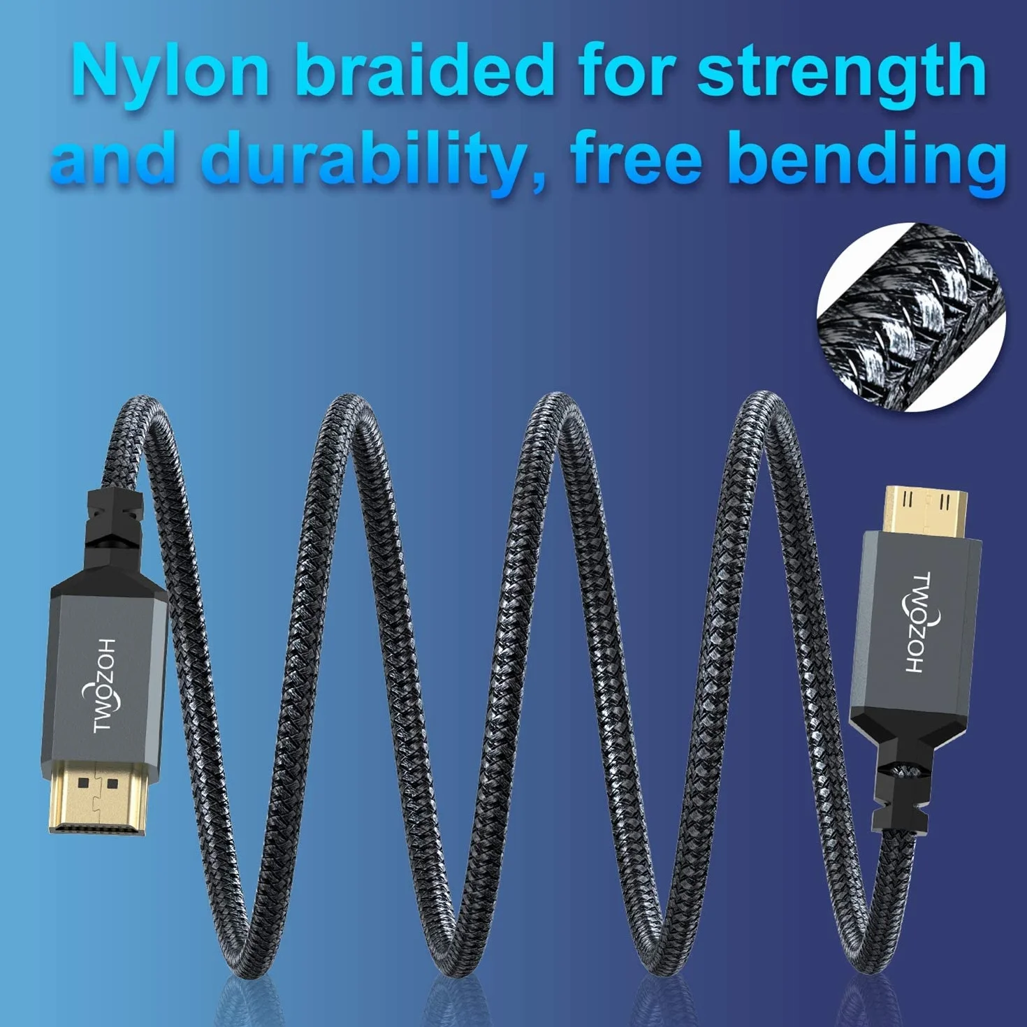 Twozoh Câble Mini HDMI vers HDMI 2M, Nylon tressé 4K Câble Mini HDMI C vers Full HDMI A, Supporte 3D Ethernet ARC 4K 60Hz 1080p
