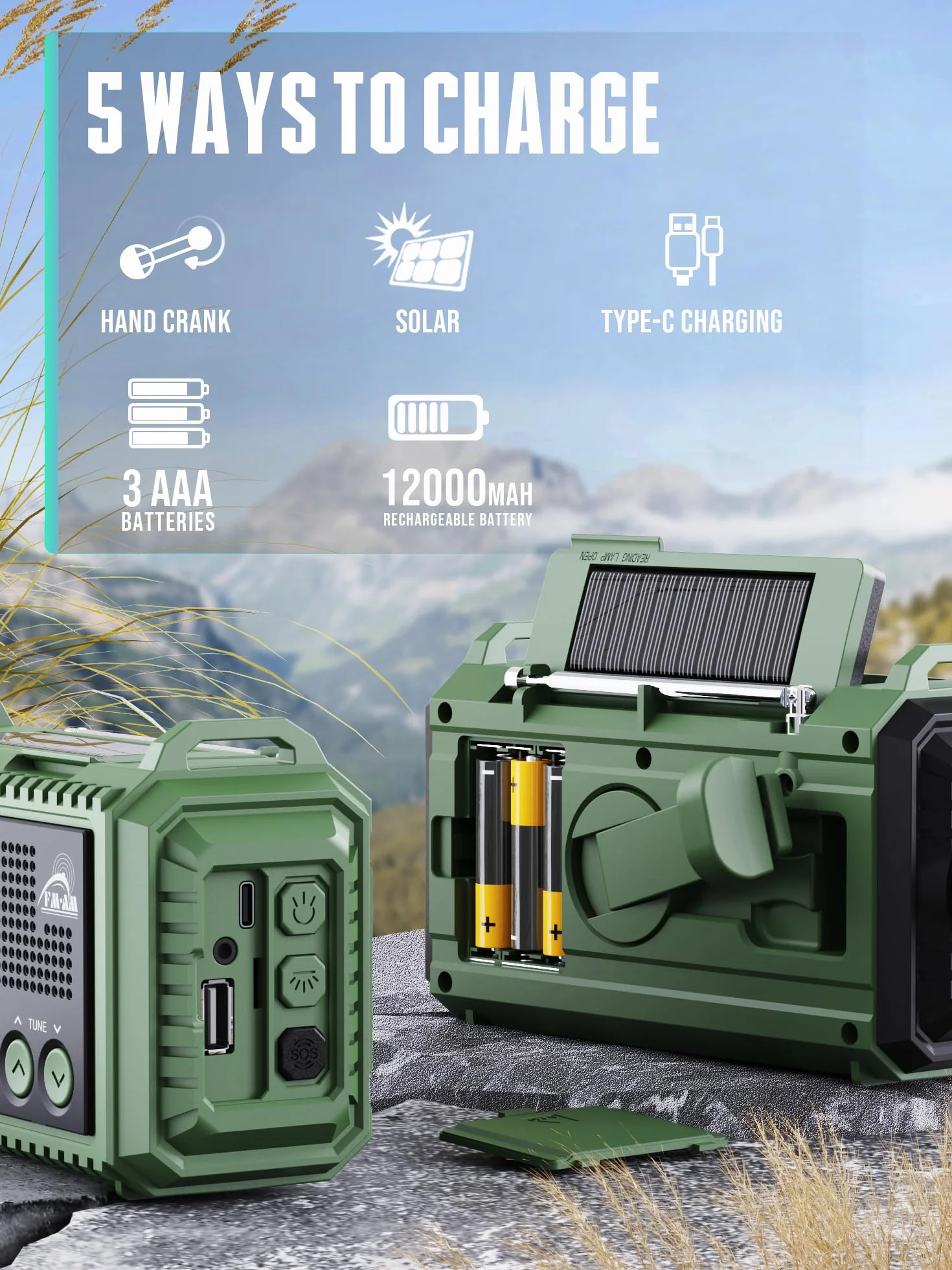 Radio Solaire FM/AM Portable 12000mAh Batterie Rechargeable d'Urgence avec Manivelle Lampe de Poche Chargeur Téléphone Alarme SOS