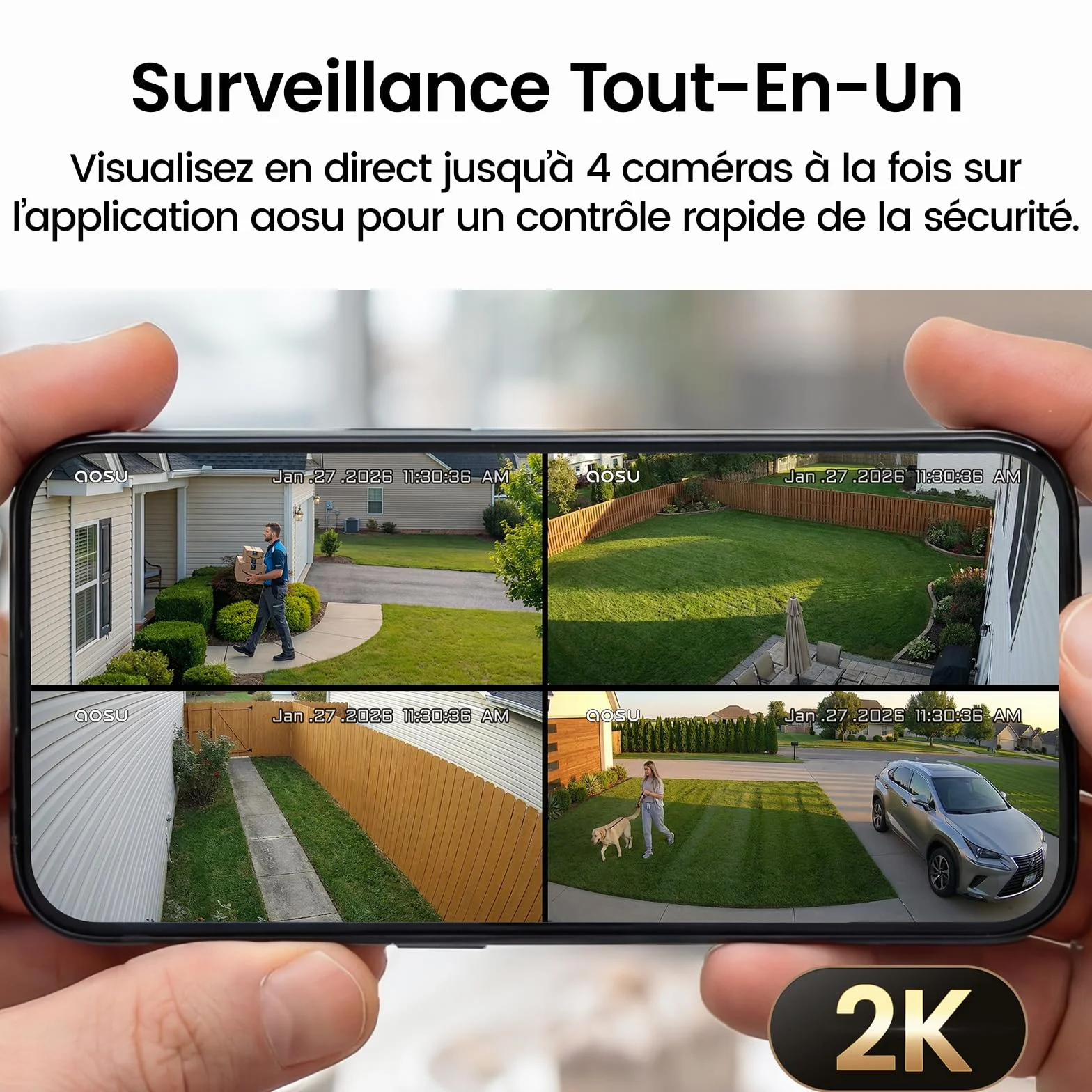 aosu 2K Camera Surveillance WiFi Exterieure sans Fil Solaire, Kit 4 Cam + aosuBase 2.0, sans Abonnement Requis, Extensible Jusqu’à 1 to, Vision Nocturne Couleur AI PIR Détection Suivi Inter-Caméras