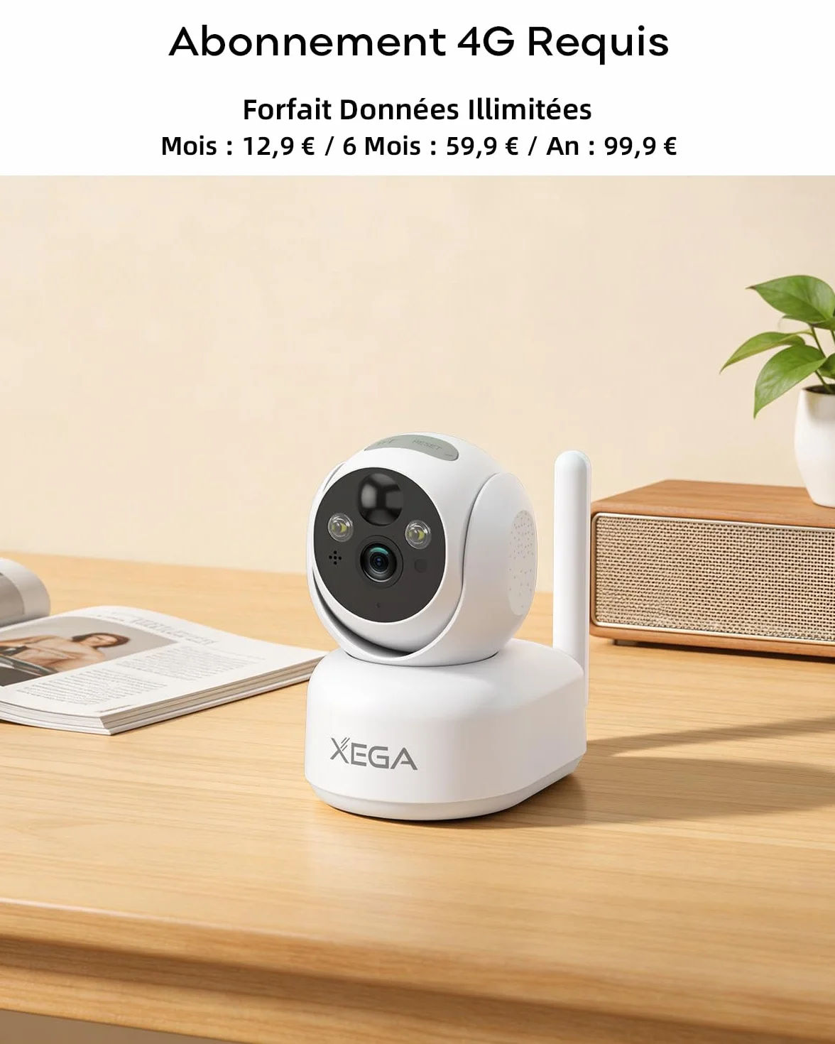 Xega 4G LTE Camera Surveillance Interieure sans Fil avec Carte Sim, 2K Caméra sans WiFi pour Bébé/Animaux, 7800mAh Batteries, PTZ Camera Vision Nocturne, PIR Détection, Audio Bidirectionnel, IP65
