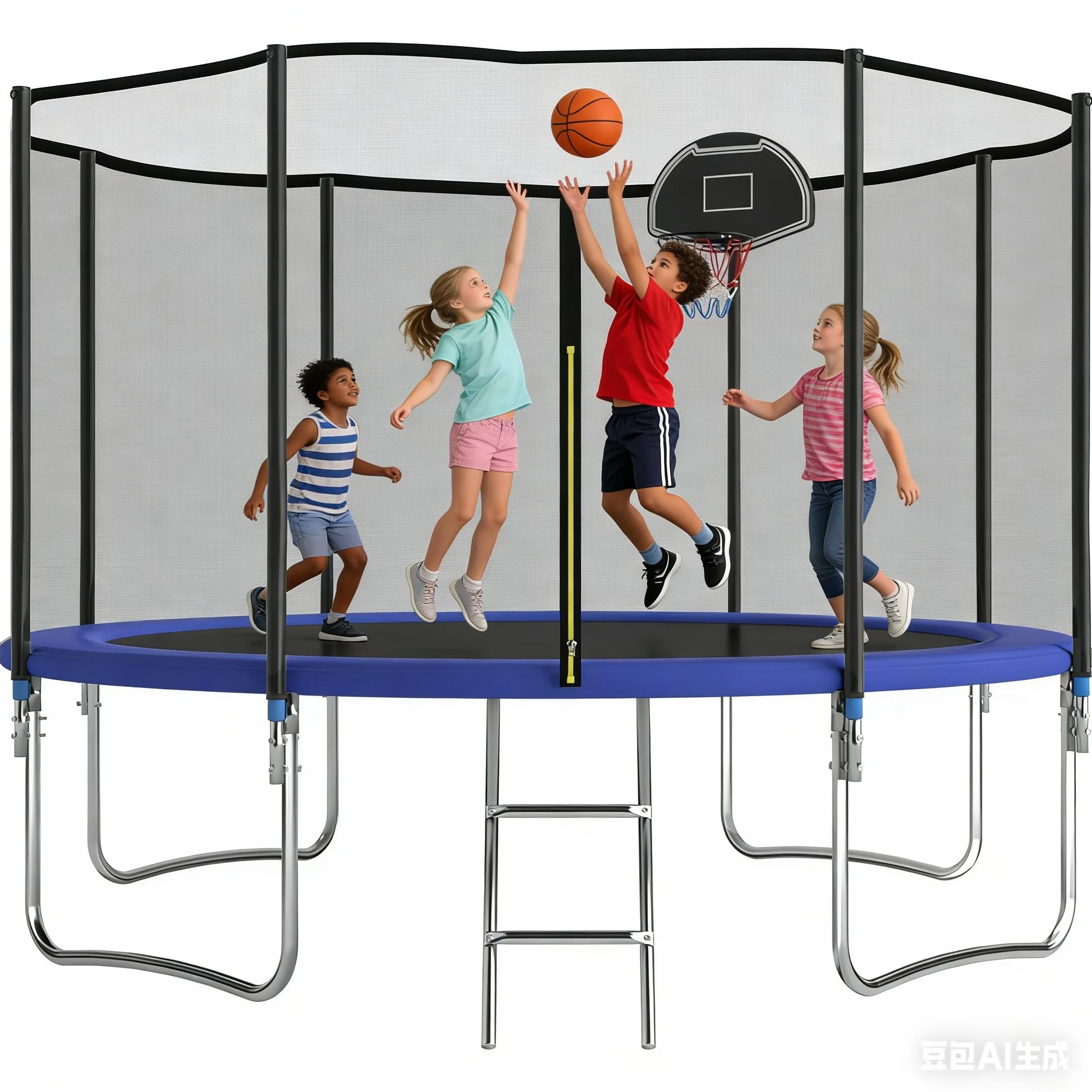 Trampoline d'extérieur 305/366 cm avec panier de basket-ball, échelle et revêtement antirouille - Charge maximale 200/272 kg