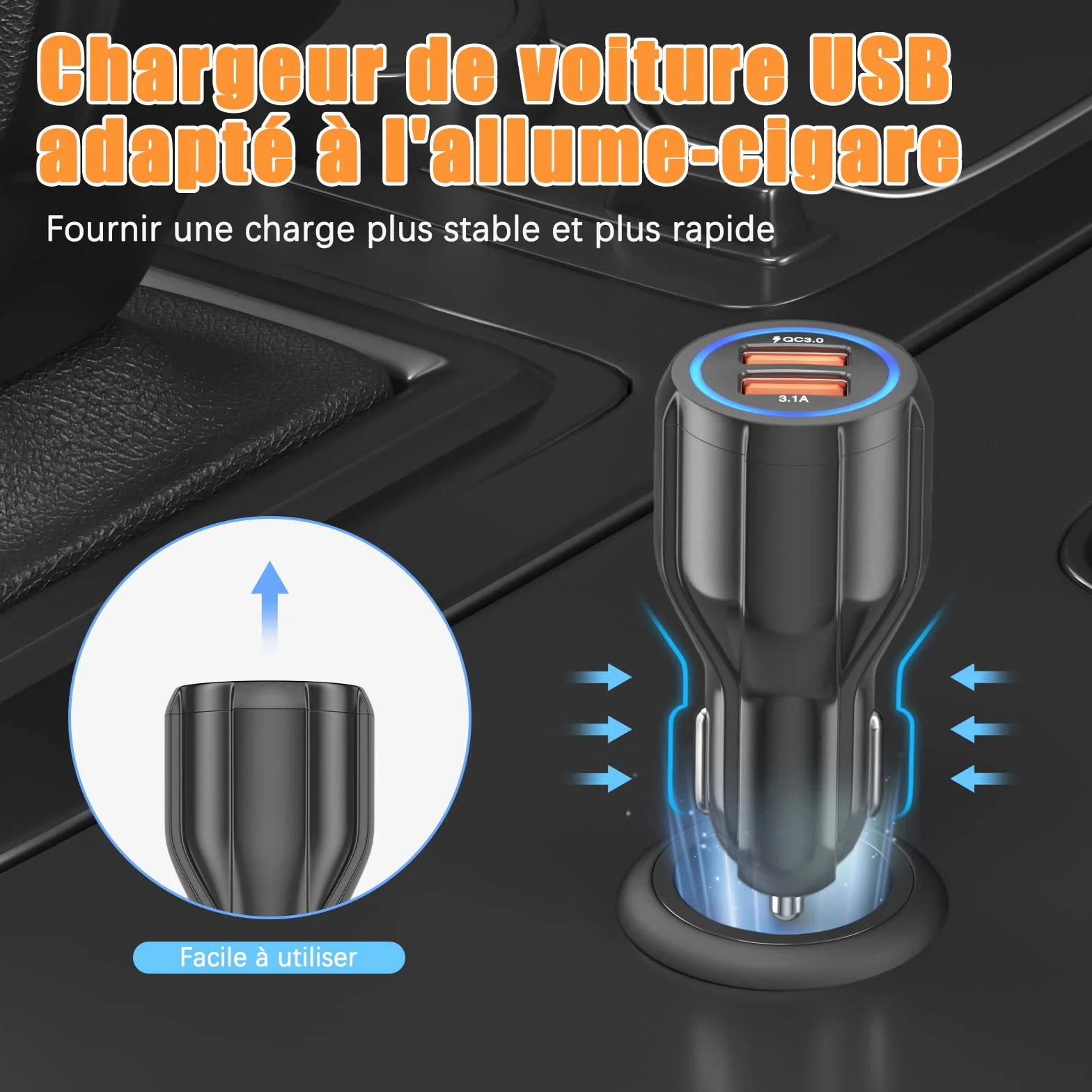 Hoppac Chargeur de Voiture USB, 2 Ports, Quick Charge 3.0 Allume-Cigare Compatible avec iPhone, iPad Samsung Galaxy S10/S9/S8, Huawei, Xiaomi Noir