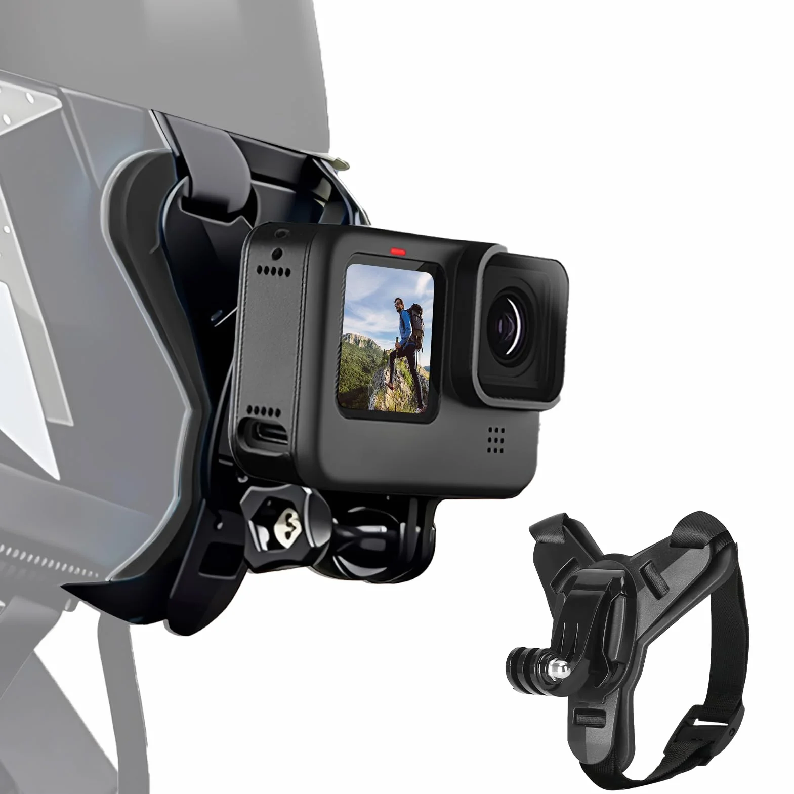 Support de Casque Moto Menton pour GoPro Hero 13 12 11 10 9 8 7 6 5 pour DJI OSMO Action 5 Pro 4/3 Fixation de Menton pour Session avec Crochet en J Sangle Silicone Antidérapant Facile à Installer