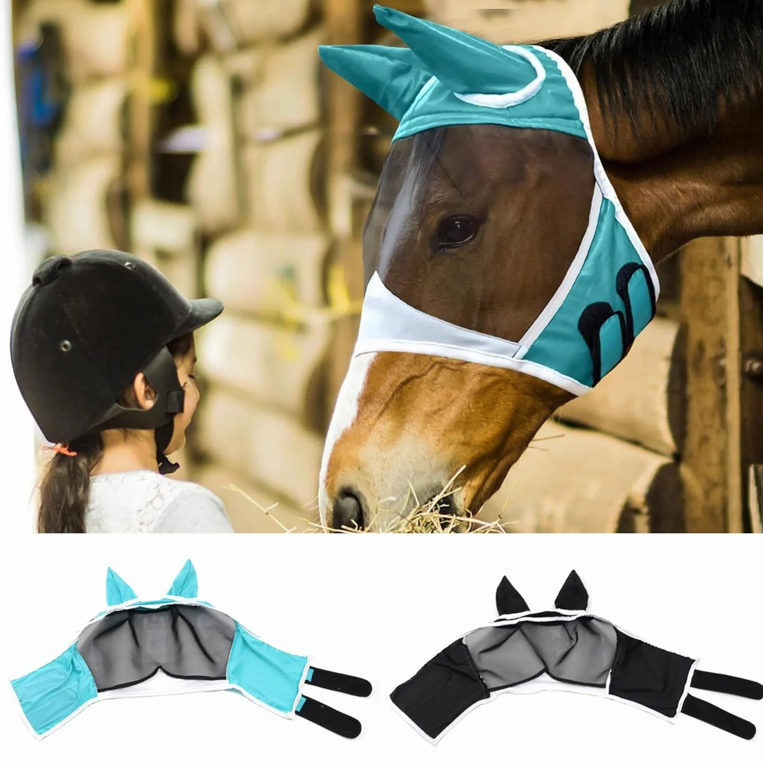 Masque anti-mouches cheval protection nasale UV, couvre-nez maille respirante poney cob shetland, fermeture velcro réglable