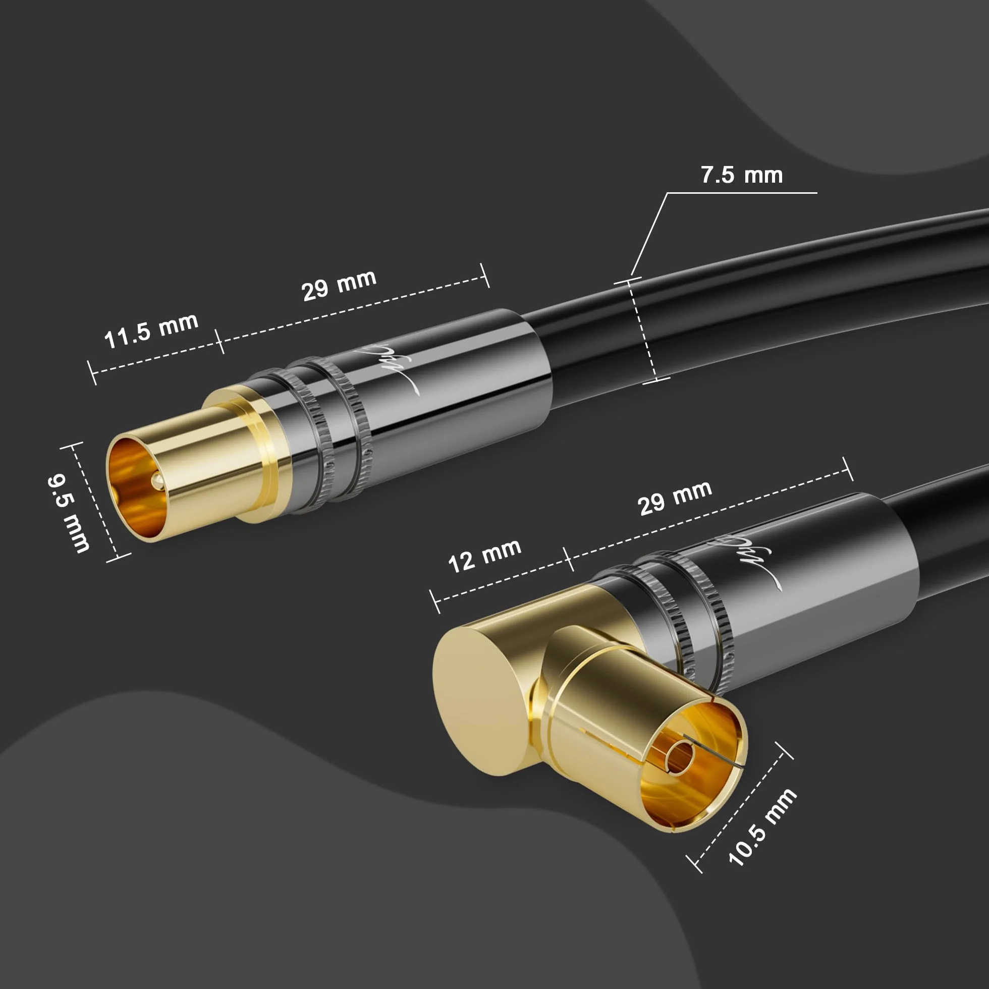 Câble d'antenne 3 mètres RG6 4K coudé(90°Degrés)/droit,câble satellite,câble TV Coaxial HD-75 Ohm IEC-Connecteurs métalliques robustes plaqués or,Noir,avec 5 attaches