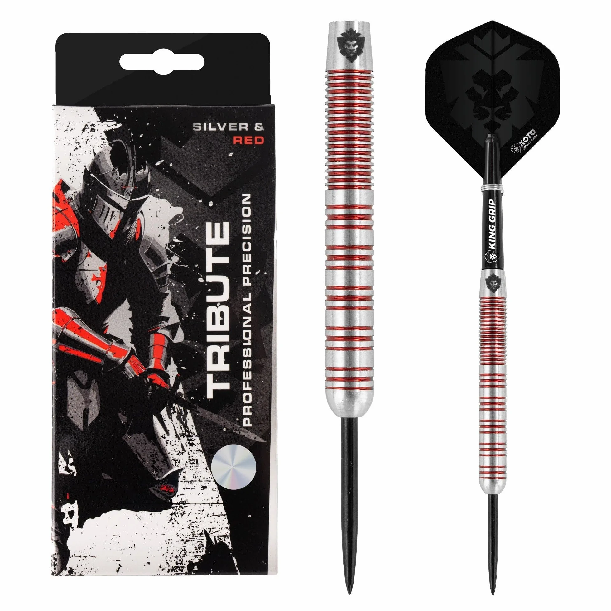 KOTO Lot de 3 fléchettes Tribute avec barils, ailettes, tiges et porte-fléchettes, grip fixe Argenté rouge