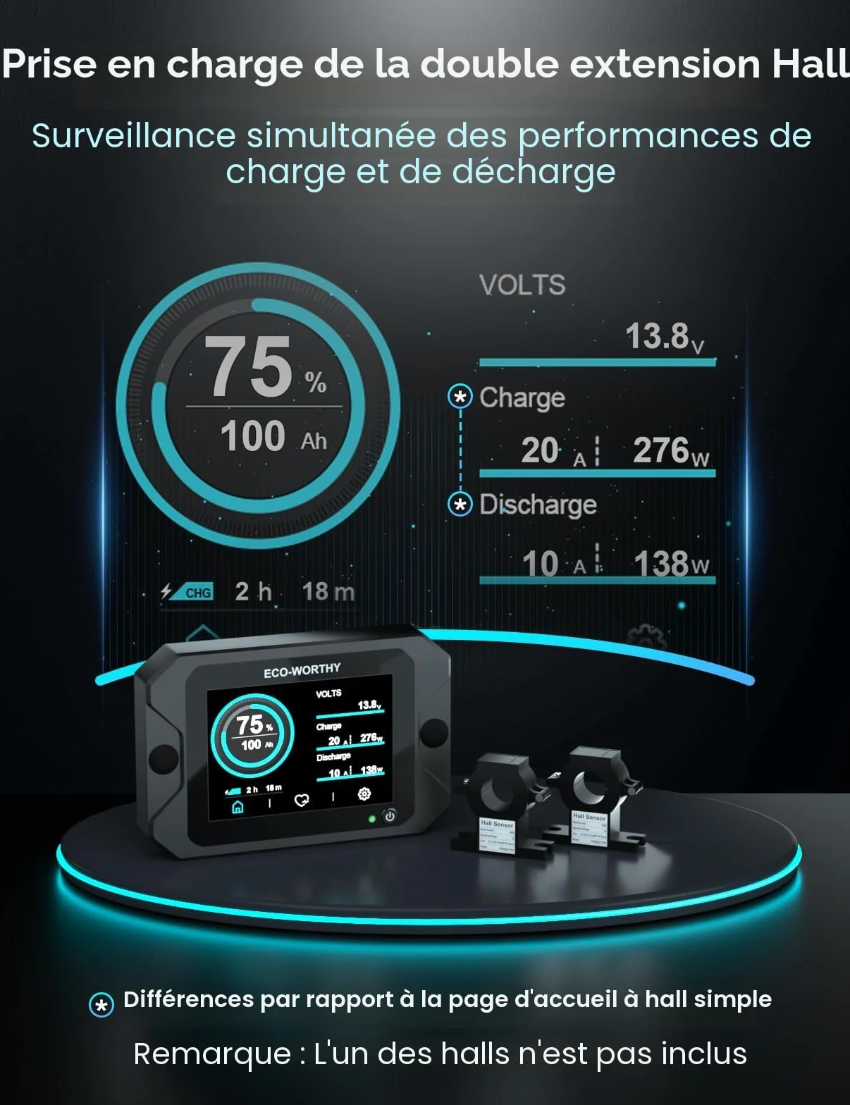 ECO-WORTHY Moniteur de batterie amélioré 300 A 12 V/24 V/36 V/48 V, moniteur de batterie à écran tactile 3,5 pouces avec alarme, testeur de batterie lithium/gel pour camping-cars, systèmes solaires