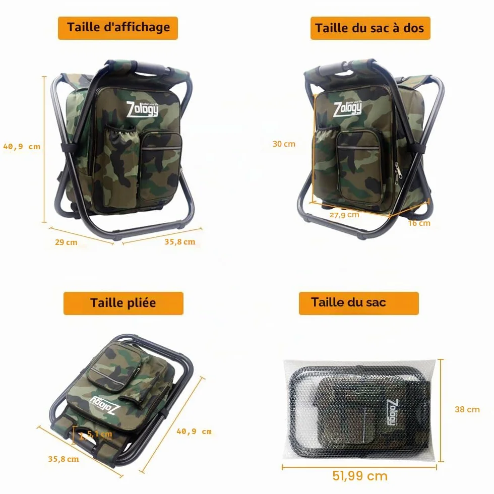 Sac à Dos de Camping Pliant avec Refroidisseur Isolé, Chaise Tabouret Pliant, Camouflage Portable Randonnée