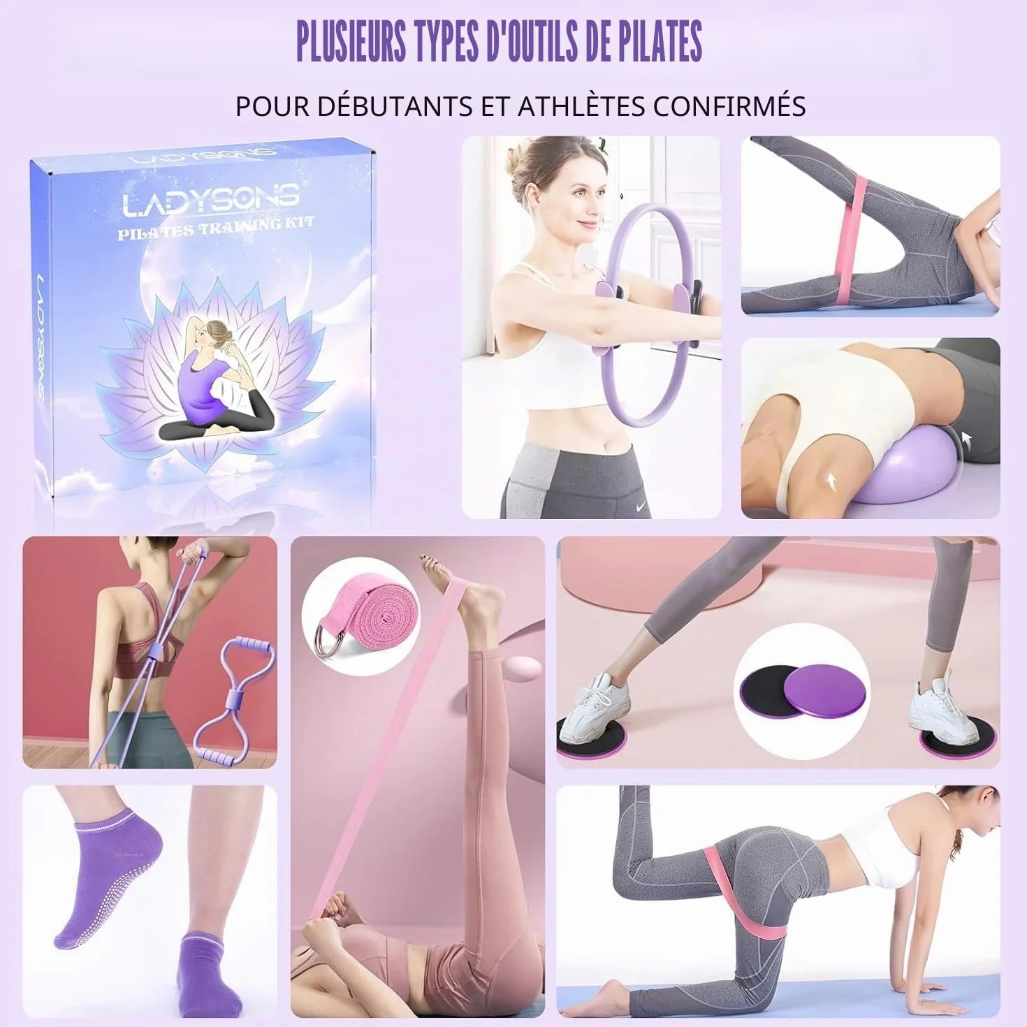 Ensemble de bagues Pilates Essential Kit avec Magic Circle 32 cm, Ball, Bänder, Sliding Disks & Training Poster pour fitness à la maison