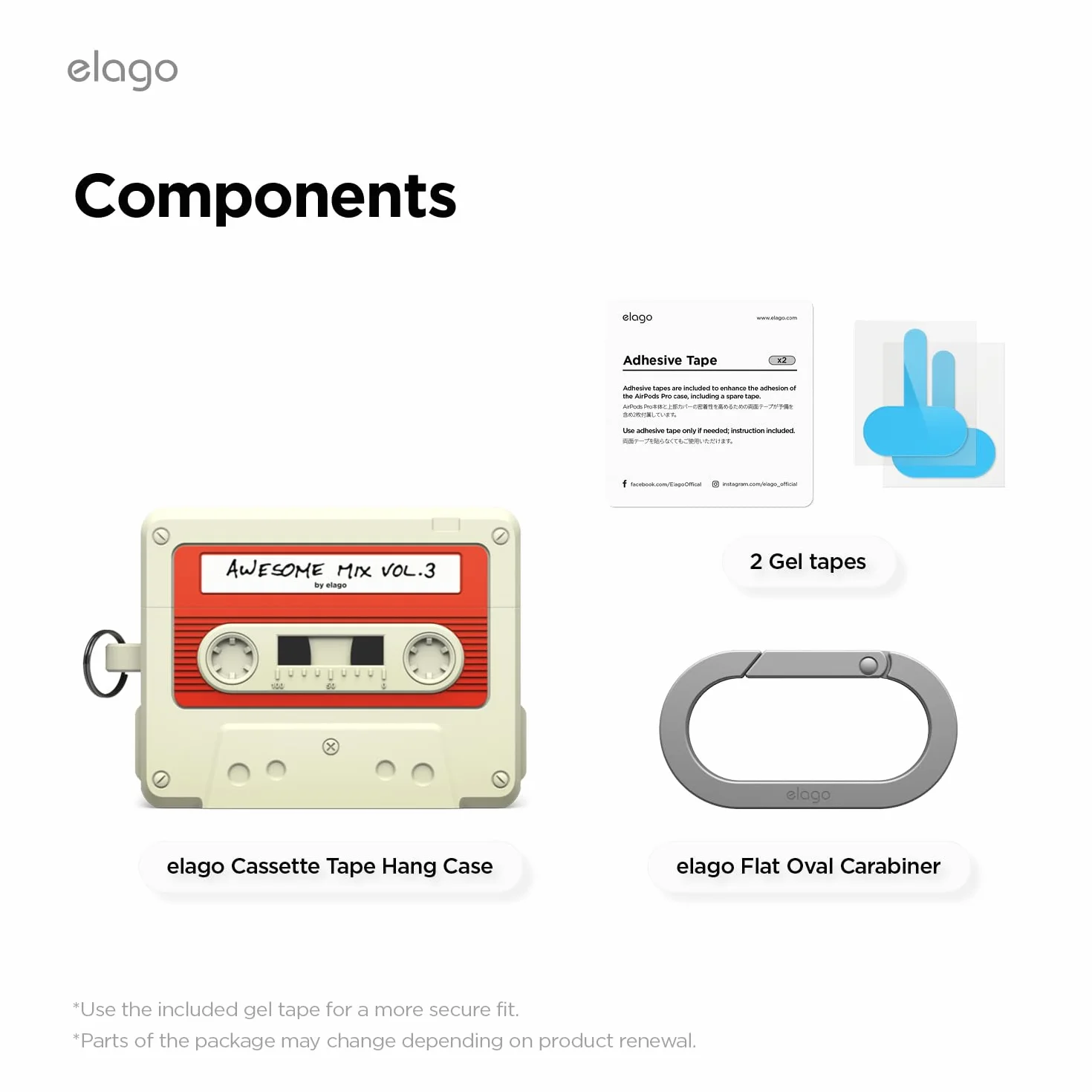 elago Coque Cassette Compatible AirPods Pro 3 Étui Protection Complète Résistante Chocs Chargement Sans Fil Mousqueton Inclus Blanc Classique