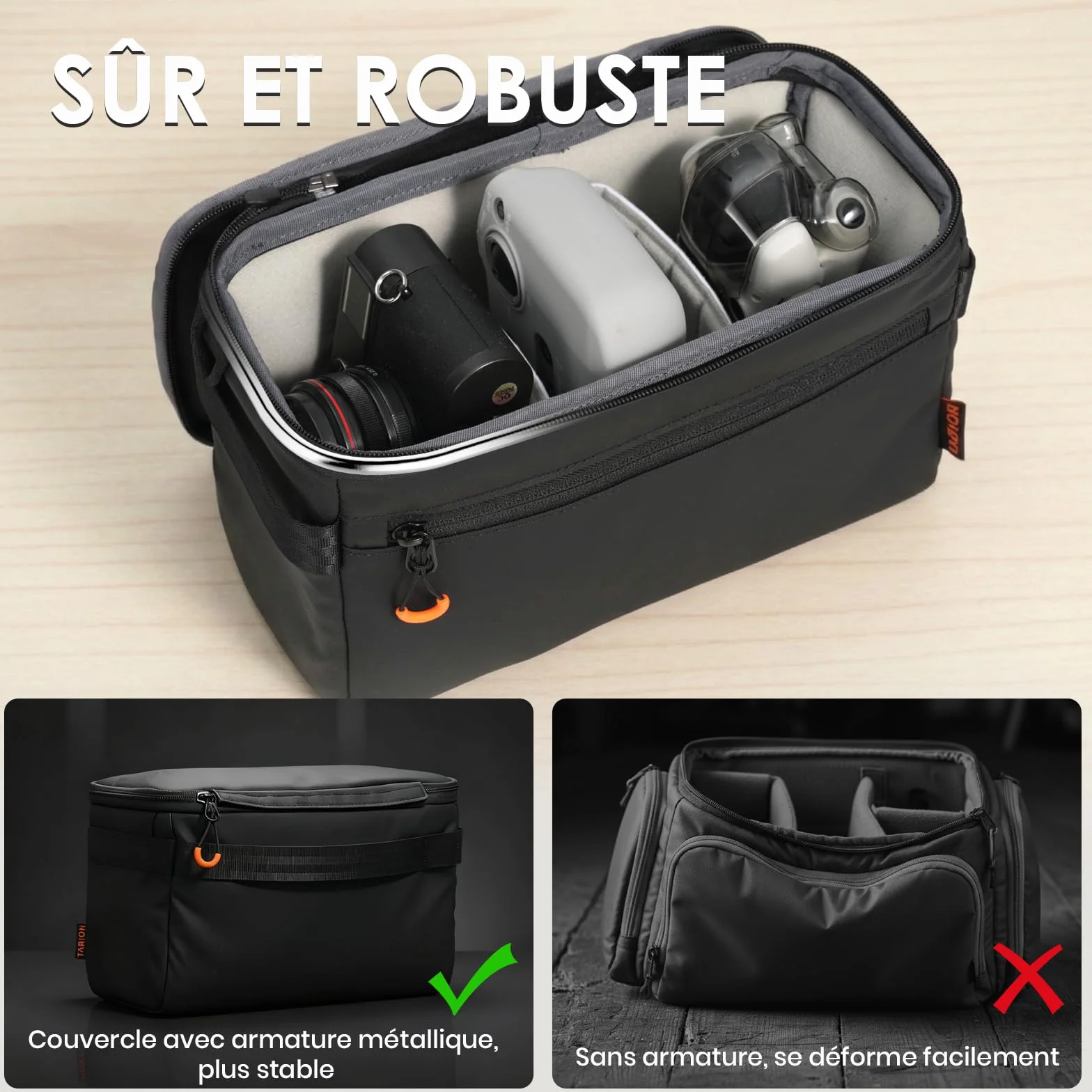 TARION Insert pour Sac Appareil Photo - Sac Intérieur Rembourré avec Couverture Amovible & Cadre Métallique (XS)