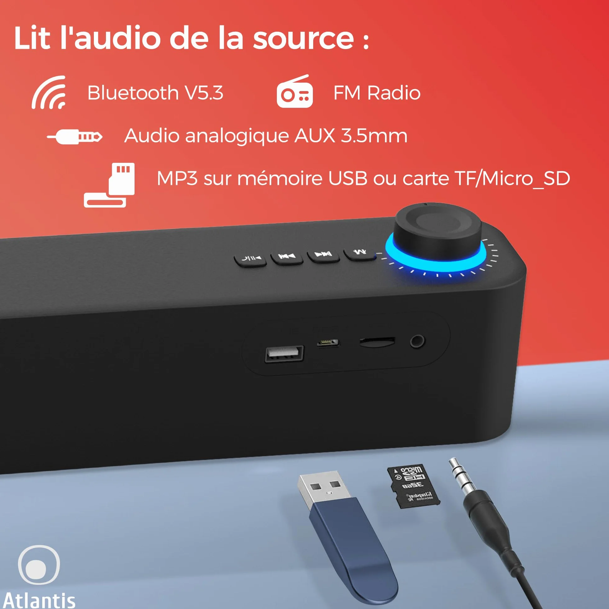 ATLANTIS Soundbar PC 20 W Bluetooth 5.3 Radio FM Noir 420 x 60 x 74 mm