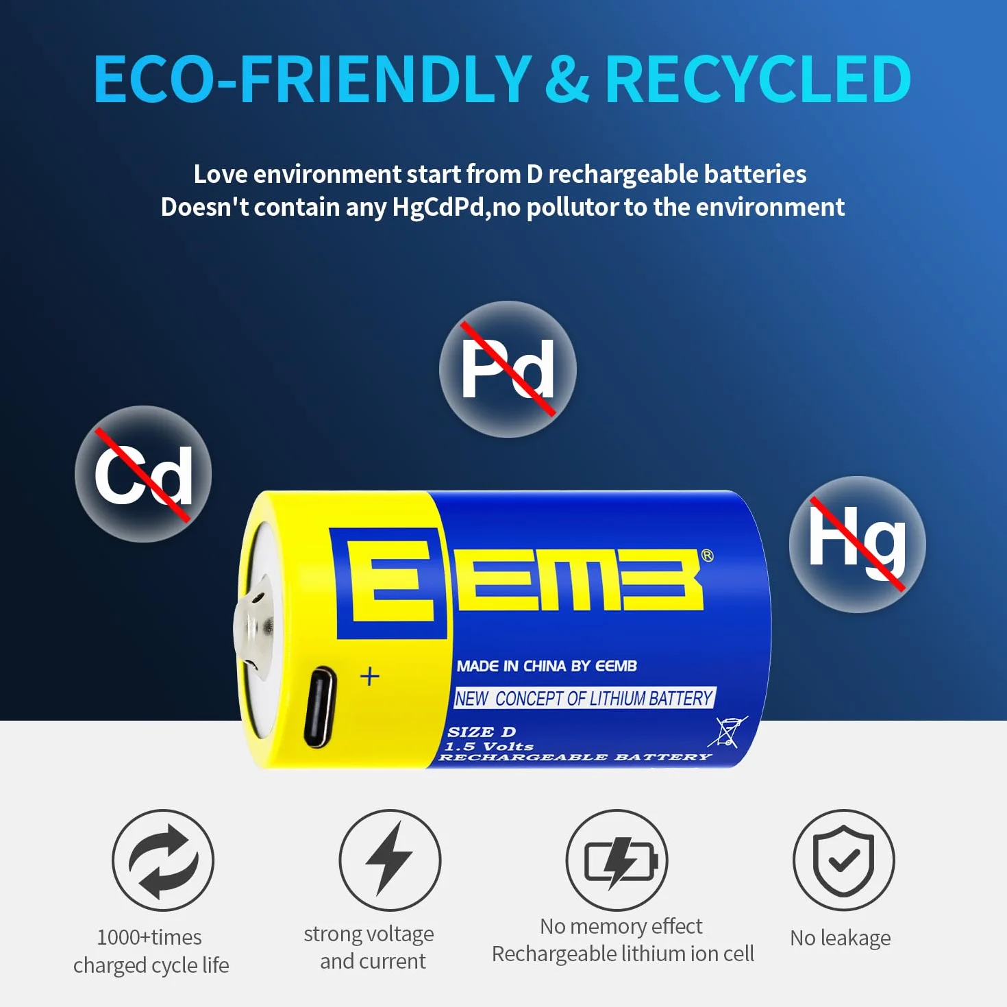 EEMB D Batterie Rechargeable 1.5V 5550mWh Lithium Batterie USB Type C Câble de Charge LR20 Lampe de Poche Batterie de Remplacement - Pack de 2