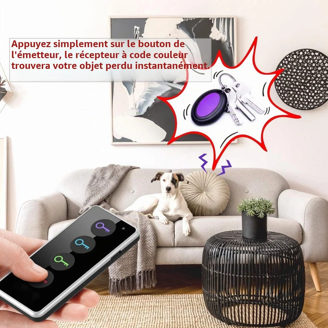 Reyke Localisateur de clés, 80 DB sans Fil RF avec portée de Travail de 39,6 m, télécommande avec Lampe de Poche LED, Support de Base pour clés, Portefeuille, téléphone et Animal Domestique