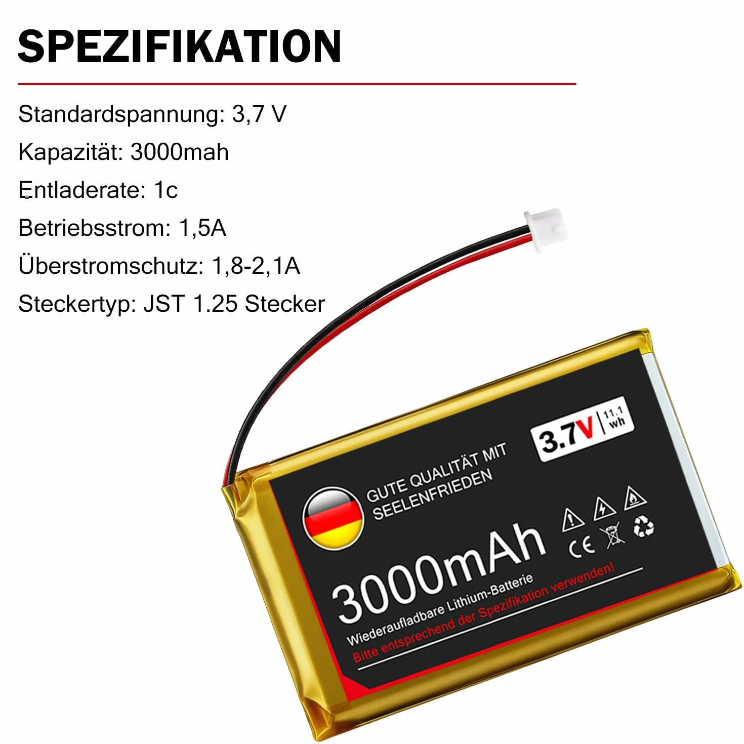Batterie Lithium 3,7 V 3000 mAh, 1 S, 1 C, avec Carte de Protection et connecteur Micro JST 1.25, pour Carte de développement Arduino Node MCU ESP32