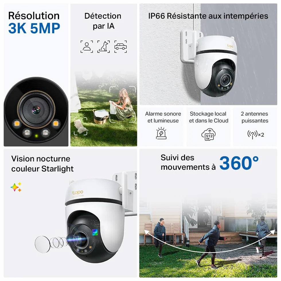 Tapo C530WS Caméra de Surveillance extérieure 360° 3K 5MP Vision Nocturne Couleur Starlight Détection IA Suivi de Mouvement WLAN Ethernet