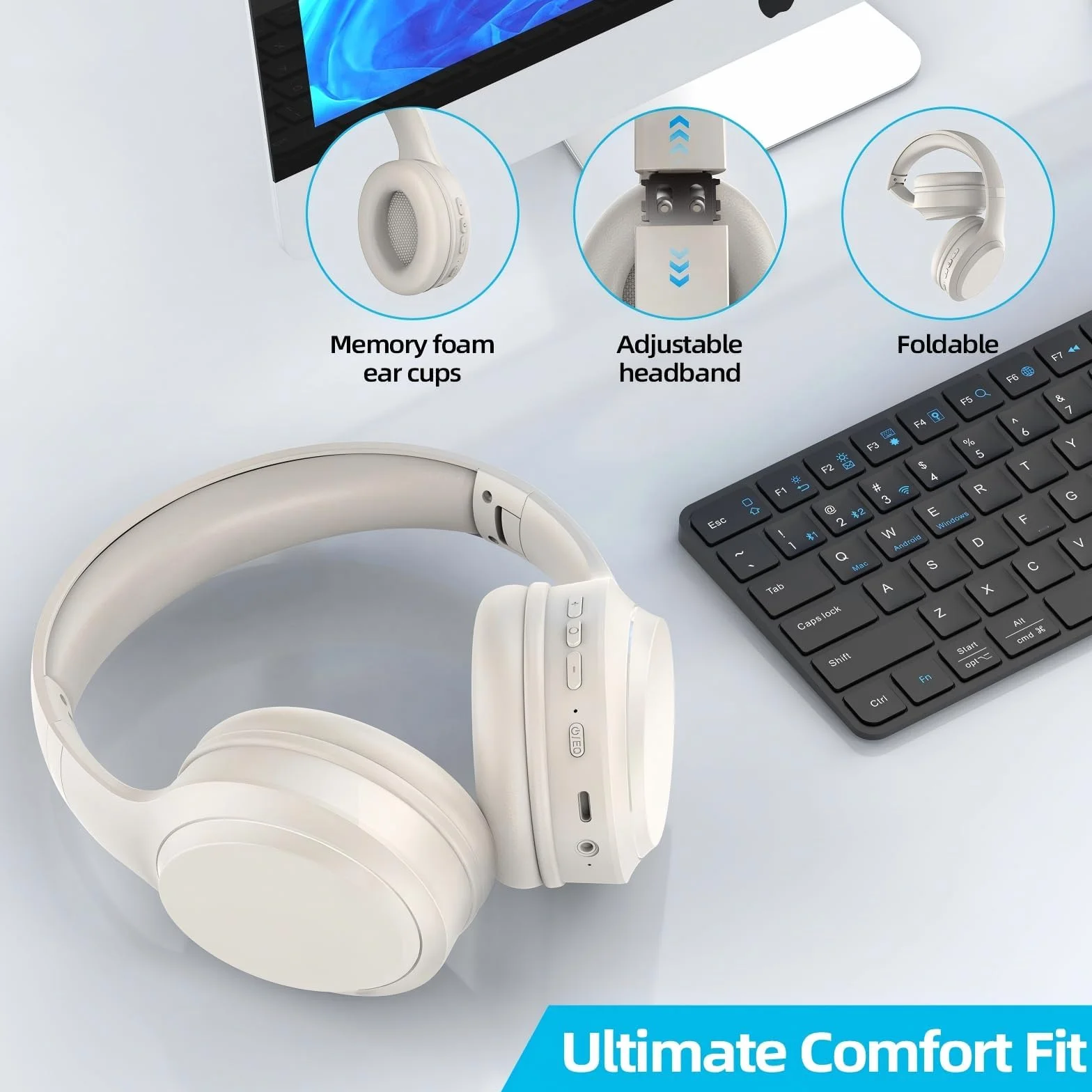 5.3 Casque sans fil Bluetooth avec microphone intégré, autonomie de 82 heures, prise en charge de l'audio haute résolution, coussinets confortables, pliables et respirants, compatible avec les télépho