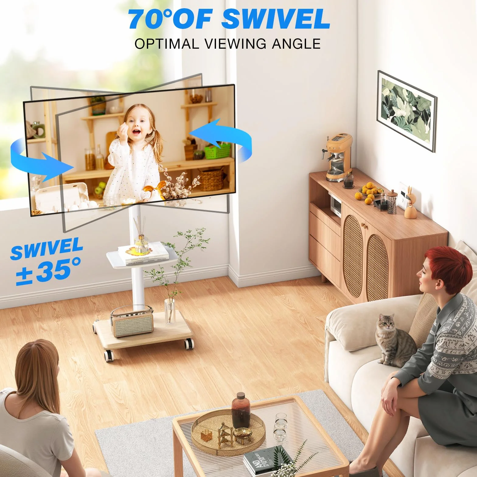 5Rcom Support TV roulettes Blanc Pied TV pour Télé de 27-55 Pouces, Réglable en Hauteur et Pivotant Support TV sur Pied avec roulettes Meuble Support TVs avec Base en Bois VESA Max 400x400mm Max 30kg
