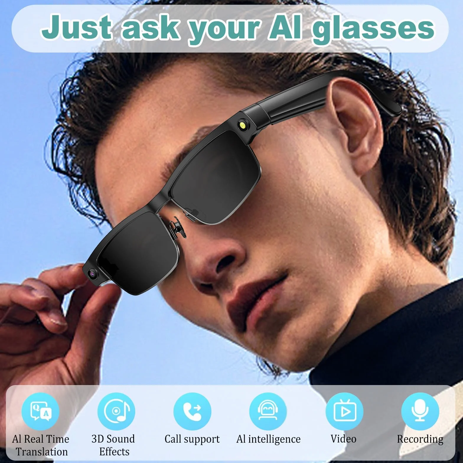 Lunettes AI Smart Camera, 4K 800 W Lunette Camera HD avec Assistant IA pour Traduction en Temps Réel, Traduction Simultanée Identification d'objet GPT lentilles photochromiques, Lunettes Connectées
