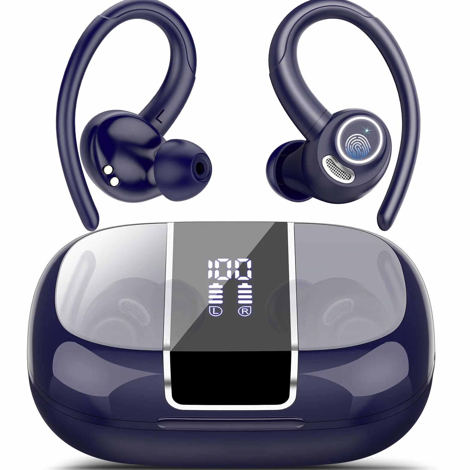 Csasan Ecouteurs Bluetooth sans Fil Sport, 48H Écouteurs Bluetooth 5.3 avec CVC8.0 Antibruit, IP7 Étanche Oreillette Bluetooth Contrôle Tactile, Écran LED Casque Bluetooth Bleu Foncé