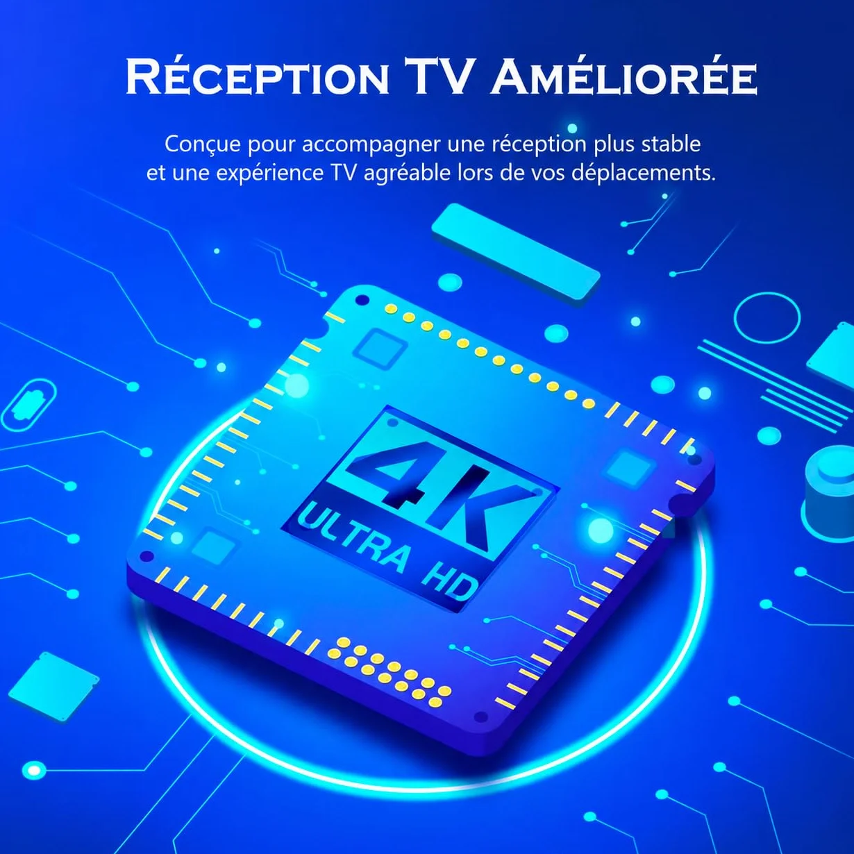 Antenne TV Camping-Car Amplifiée – Réception Longue Portée 360°, TNT HD 4K DVB-T/T2, Antenne TV Extérieure pour Camping-Car et Caravane, Résistante aux Intempéries