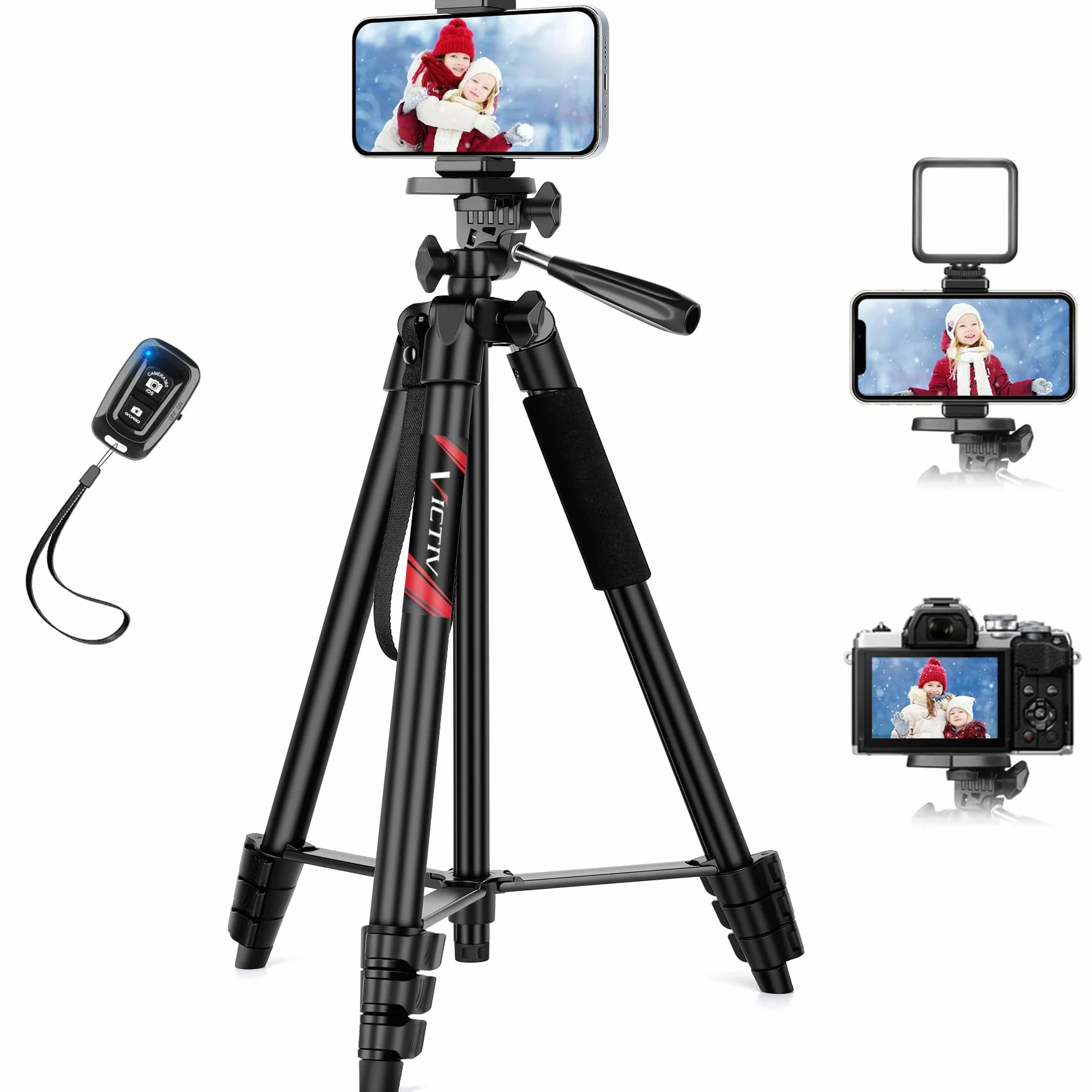 Victiv 162cm Nouveau Trepied Smartphone, Trépied Téléphone en Aluminium pour iPhone, Samsung, Huawei, avec Télécommande & Support, Portable Trépied Appareil Photo pour DSLR Caméra, Canon, Nikon, Sony