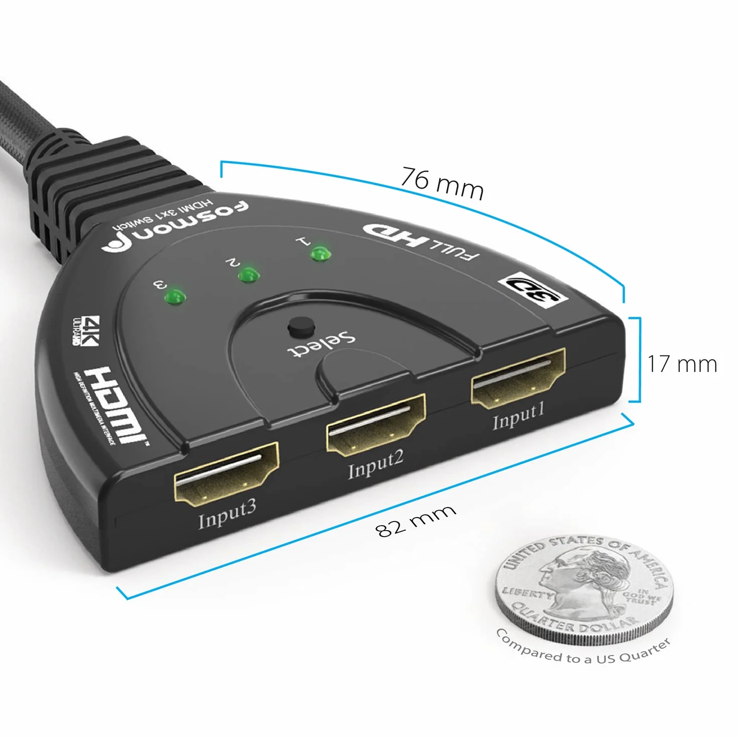 Fosmon Commutateur HDMI Automatiques 4k, 3 Entrées 1 Sortie HDMI Switch - UHD HDR 3D 1080p HDCP, Splitter Switcher Répartiteur Sélecteur Auto pour HDTV Lecteurs DVD Blu ray PS4 Xbox Apple Fire Roku