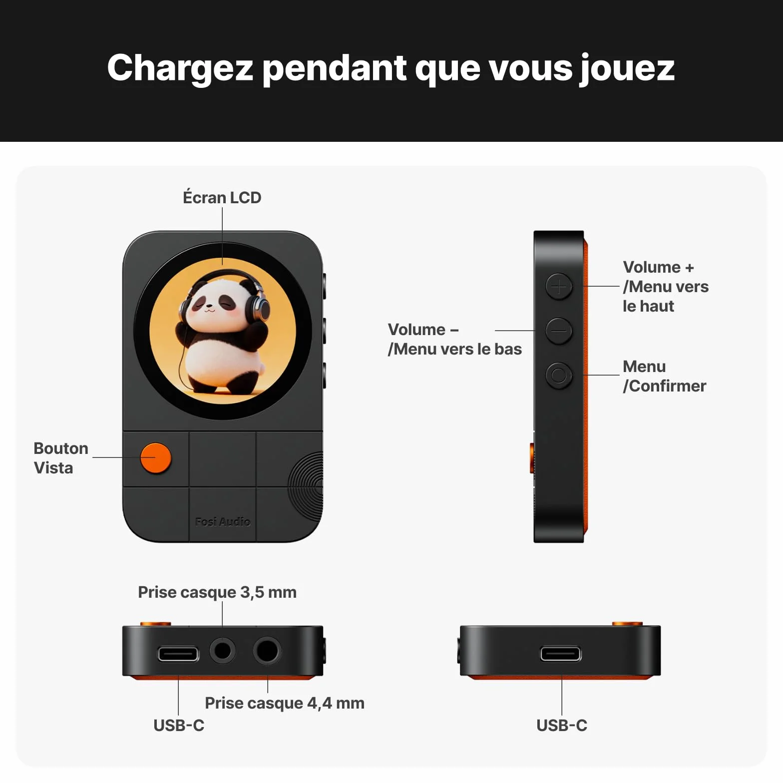 Fosi Audio MD3 Magnetic Headphone Amplifier, Portable DAC Dongle avec Écran 1,28", ES9039Q2M, Ampli Casque Sorties 3.5 & 4.4mm, Hi-FI Amplifier PCM 32bit/384kHz, Ampli HiFi pour Phone/Pad/PC, Noir