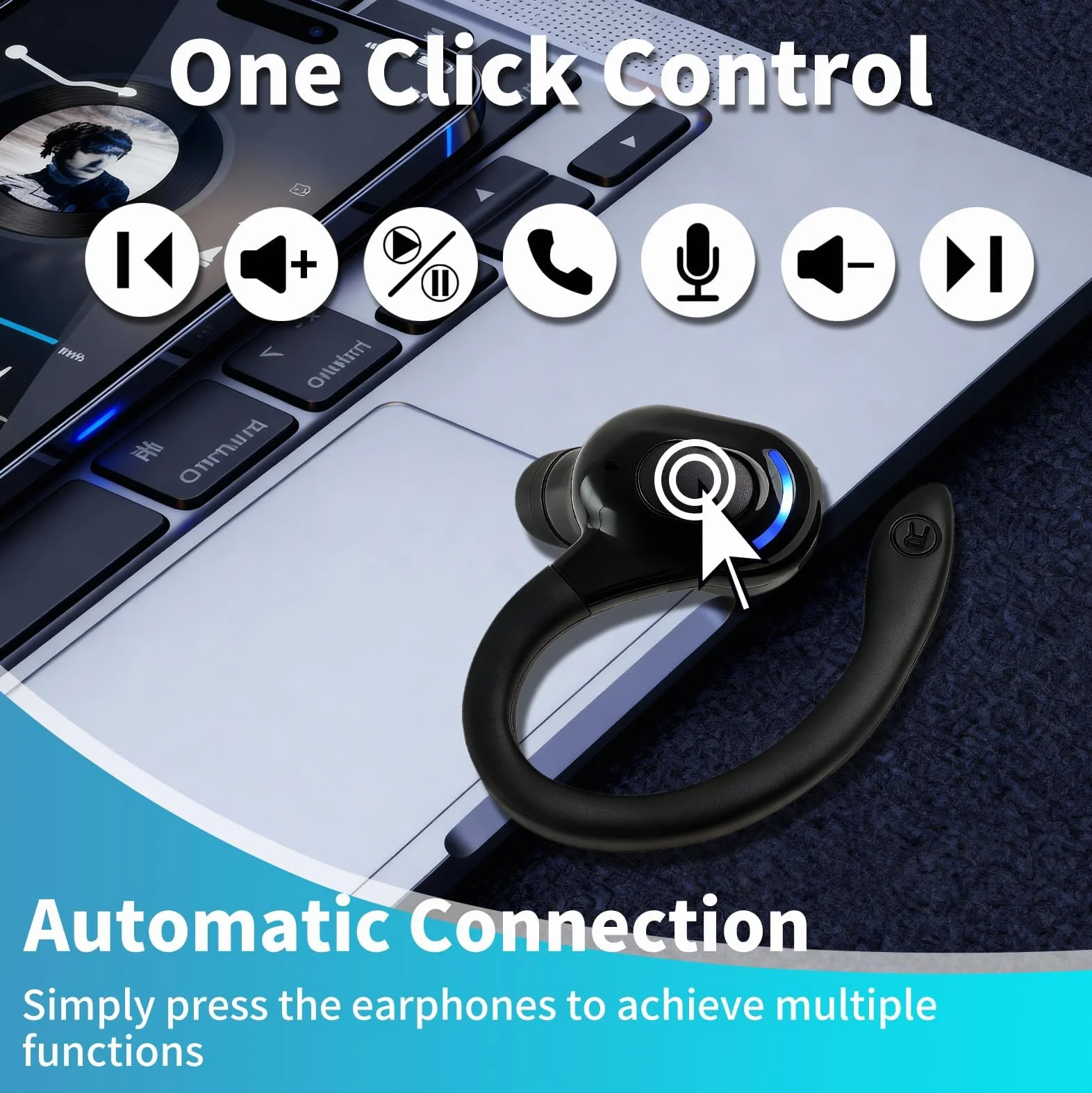 Oreillette Bluetooth sans Fil V5.2 Mono avec Micro Réduction de Bruit, Écouteur Tour d’Oreille 360° Confortable, 20h Autonomie, Charge Rapide 1,5h, Kit Main Libre Compatible avec iPhone Android PC
