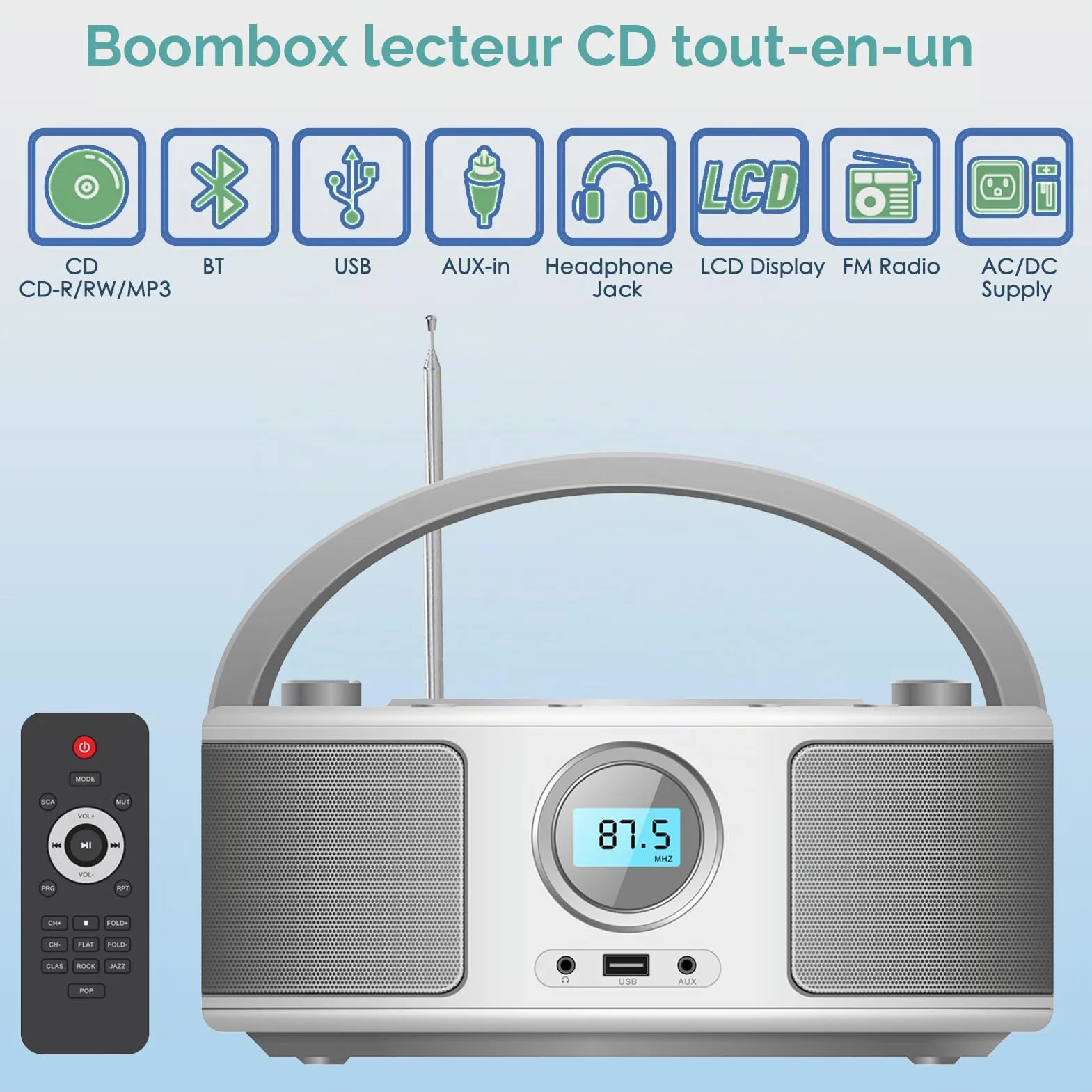 Poste CD Enfant, WISCENT Radio FM Lecteur CD Portable Boombox (avec Bluetooth,Radio FM,USB,AUX,Prise Casque) Lecteur CD Enfant