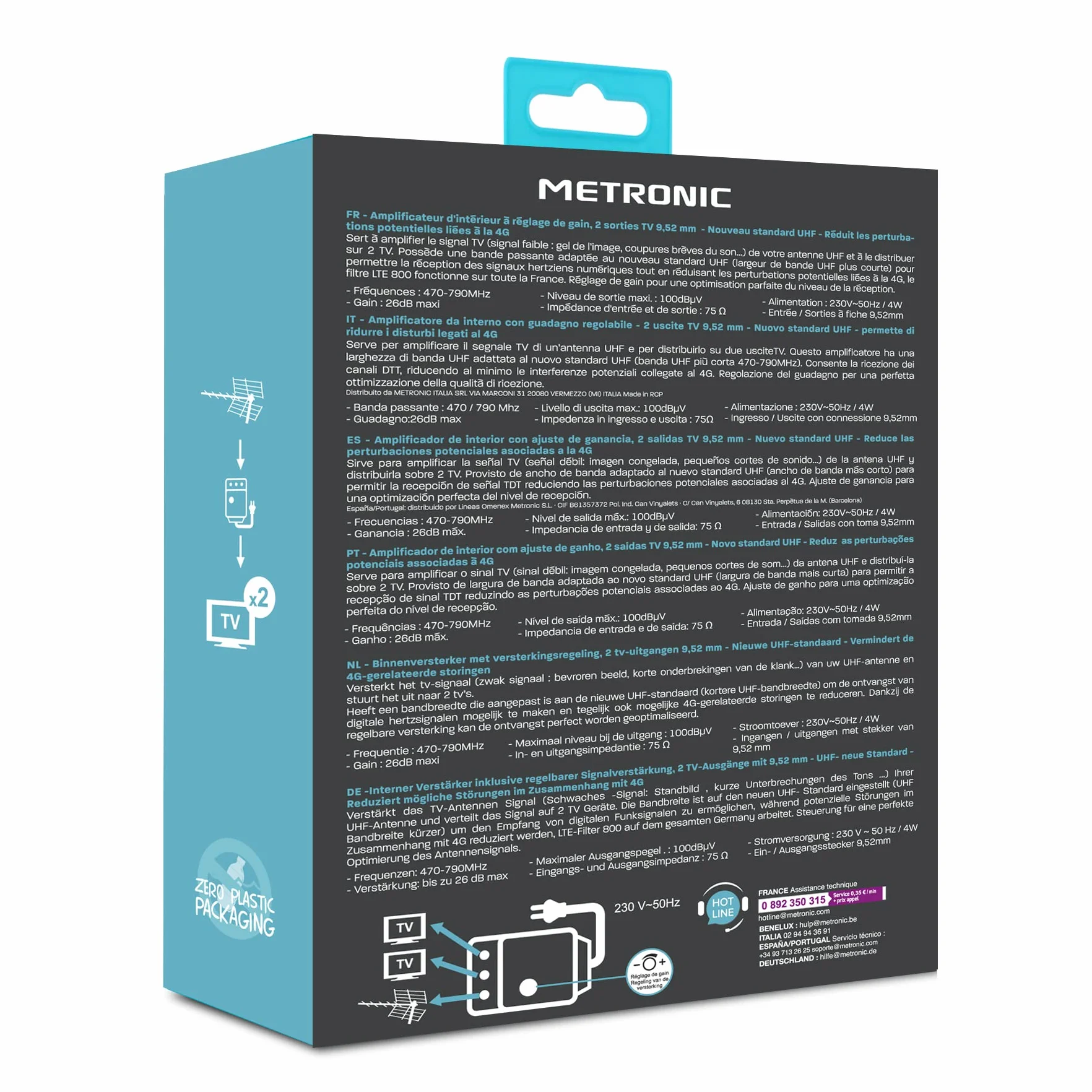 METRONIC Amplificateur d'Antenne TV Intérieure TNT 26 dB 2 Sorties Compatible 4G-5G Blanc