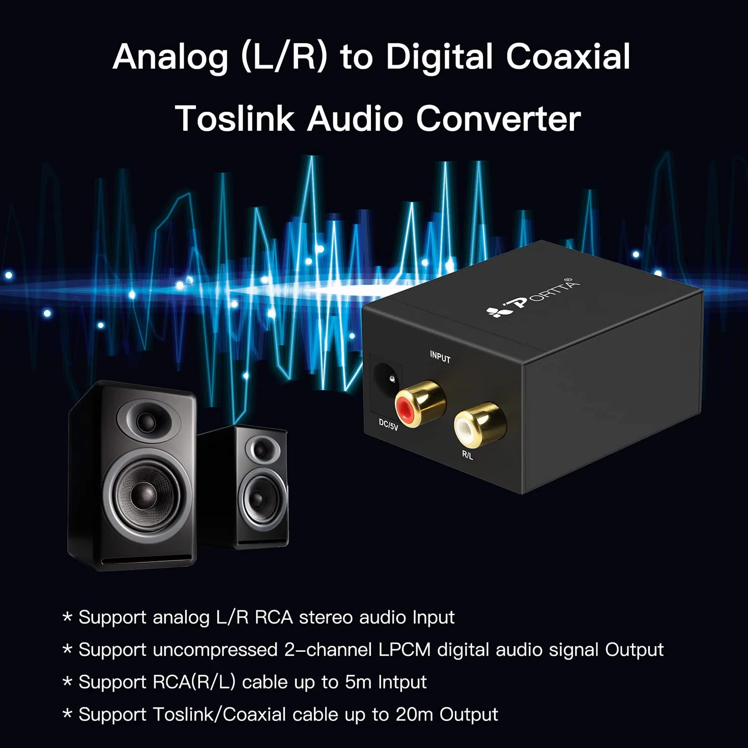 Convertisseur Analogique-Numérique, Portta Adaptateur Audio Analogique à Numérique ou Converter Audio RCA-Numérique - Prise de câble et mode RCA vers SPDIF / Toslink / Optique / Coaxial pour casques PS3 HDTV Xbox 360 HDTV Blue Ray Sky HD DVD Apple TV de P
