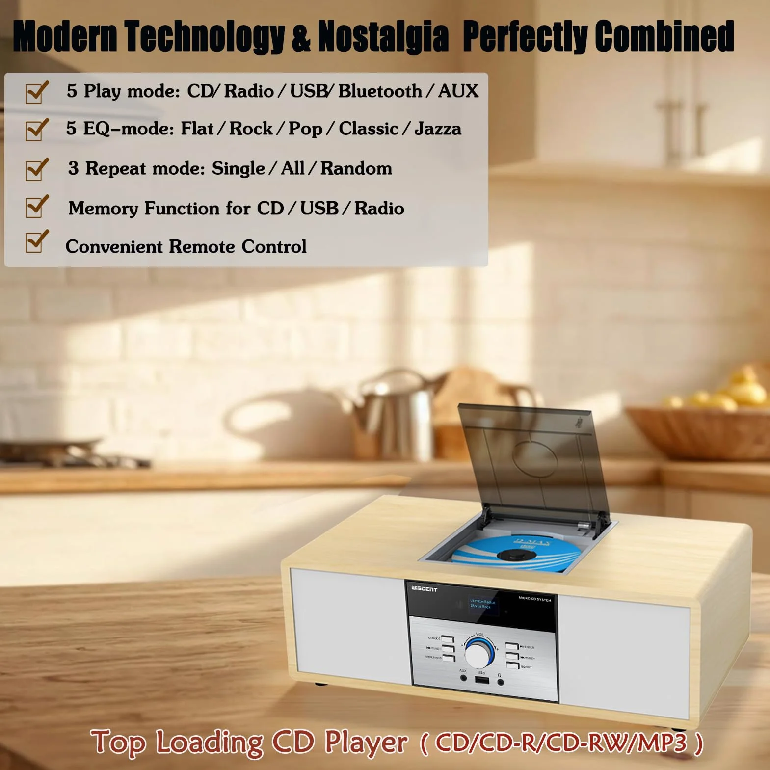 Chaine Hi-Fi Radio DAB+ Lecteur CD Bluetooth FM USB 30W Télécommande Design Rétro