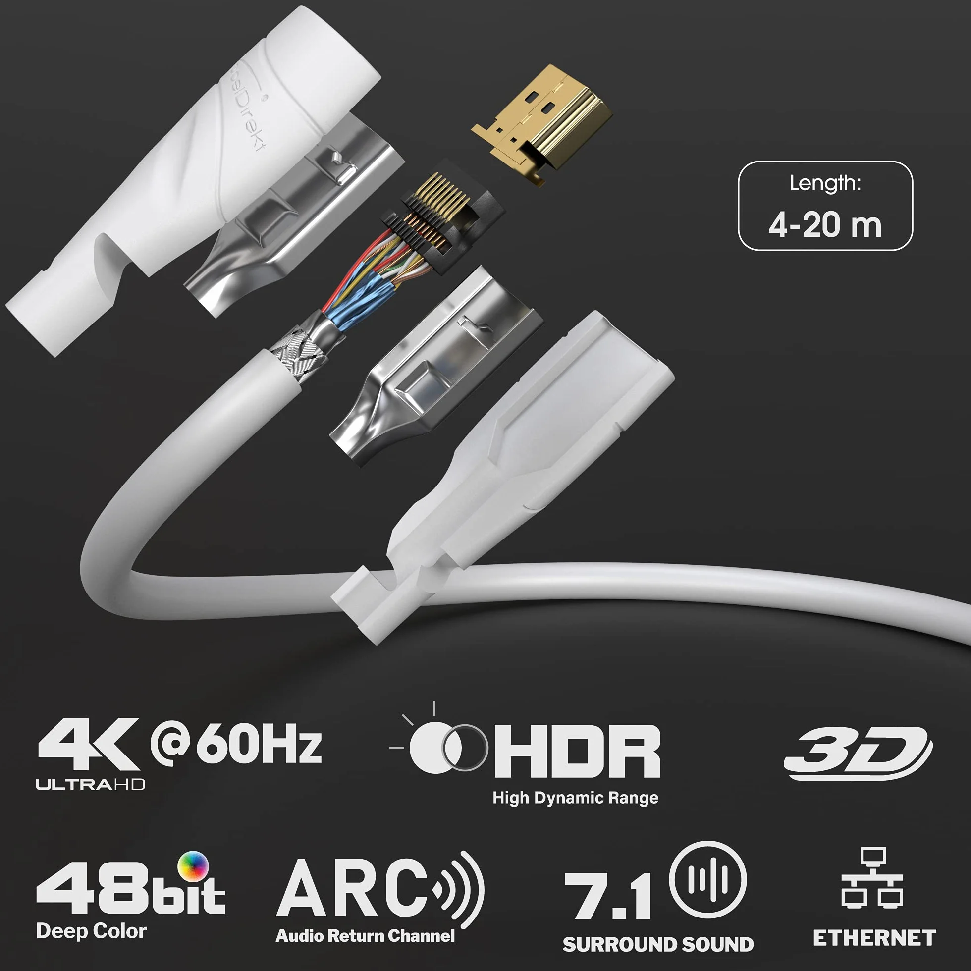KabelDirekt Câble HDMI 4K 10 m HDMI 2.0 High Speed avec Ethernet 4K@60Hz blanc