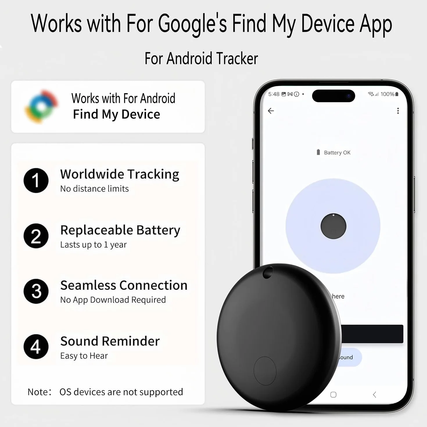 Traceur GPS Voiture Smart Tag Android, Fonctionne avec l’app Google Localiser (Uniquement Android), Localisateurs D’Objets Bluetooth pour Valises/Portefeuilles/Clés/Sacs/Bagages/Animaux de Compagnie