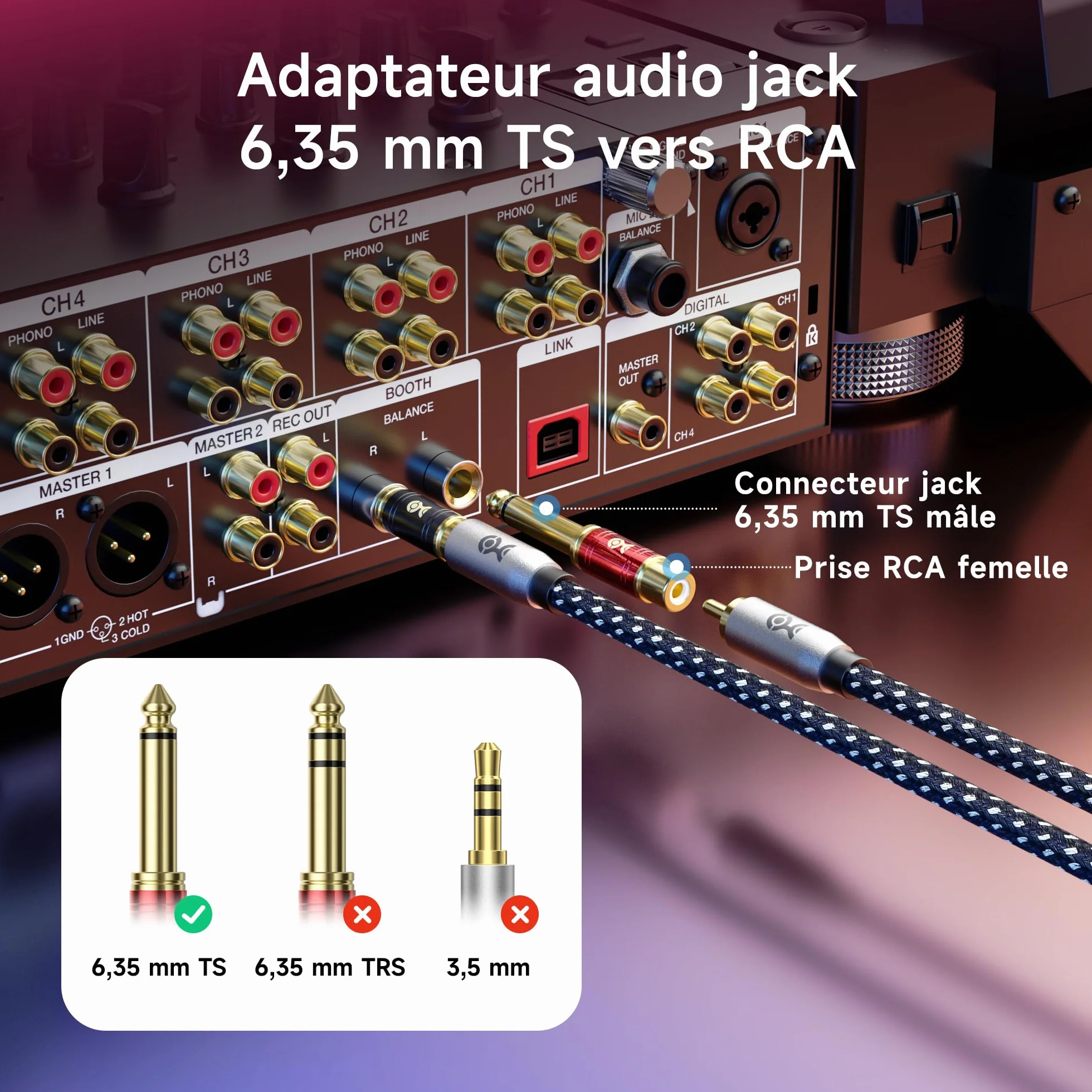 Cable Matters Lot de 4 adaptateurs RCA vers Jack 6,35 mm (1/4") TS Mono – Convertisseur Jack 6,35 mm vers RCA, pour TV, chaîne Hi-FI, ampli, Instruments et équipements Audio domestiques