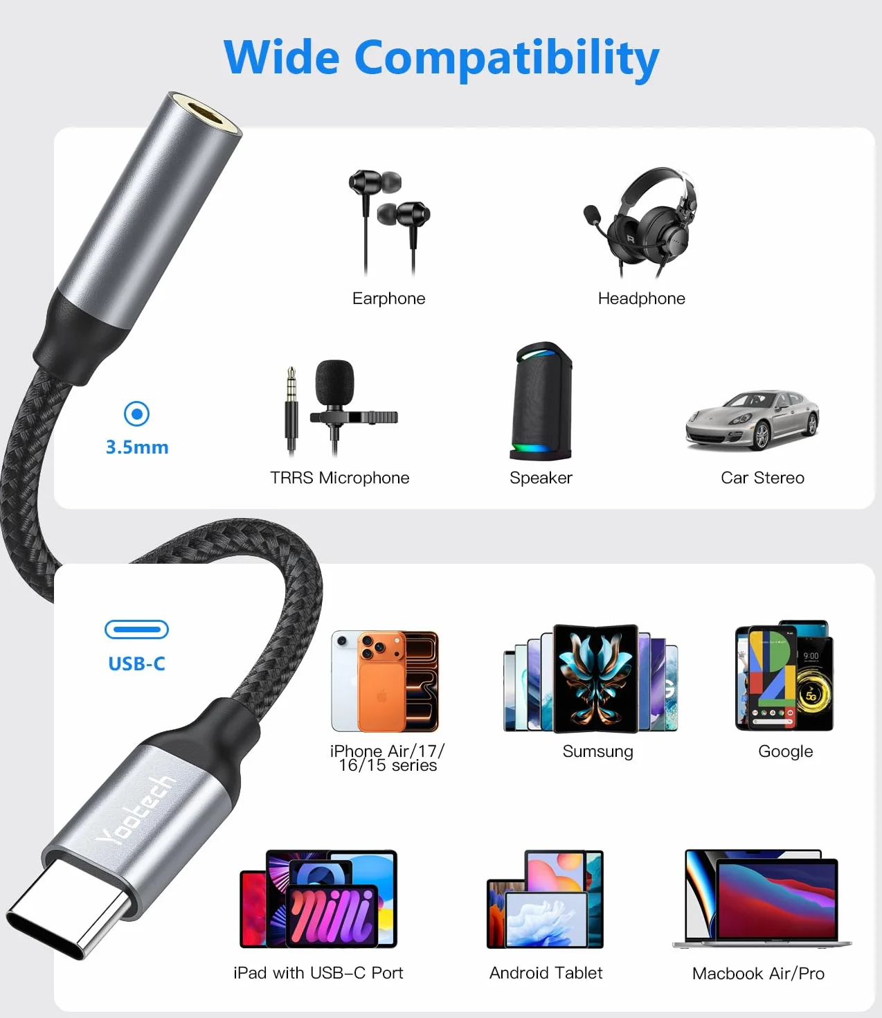 yootech Adaptateur USB C vers Jack 3,5mm pour Galaxy S23 S22 S21 Note 20, iPhone 17 16 15, Google Pixel 9/8