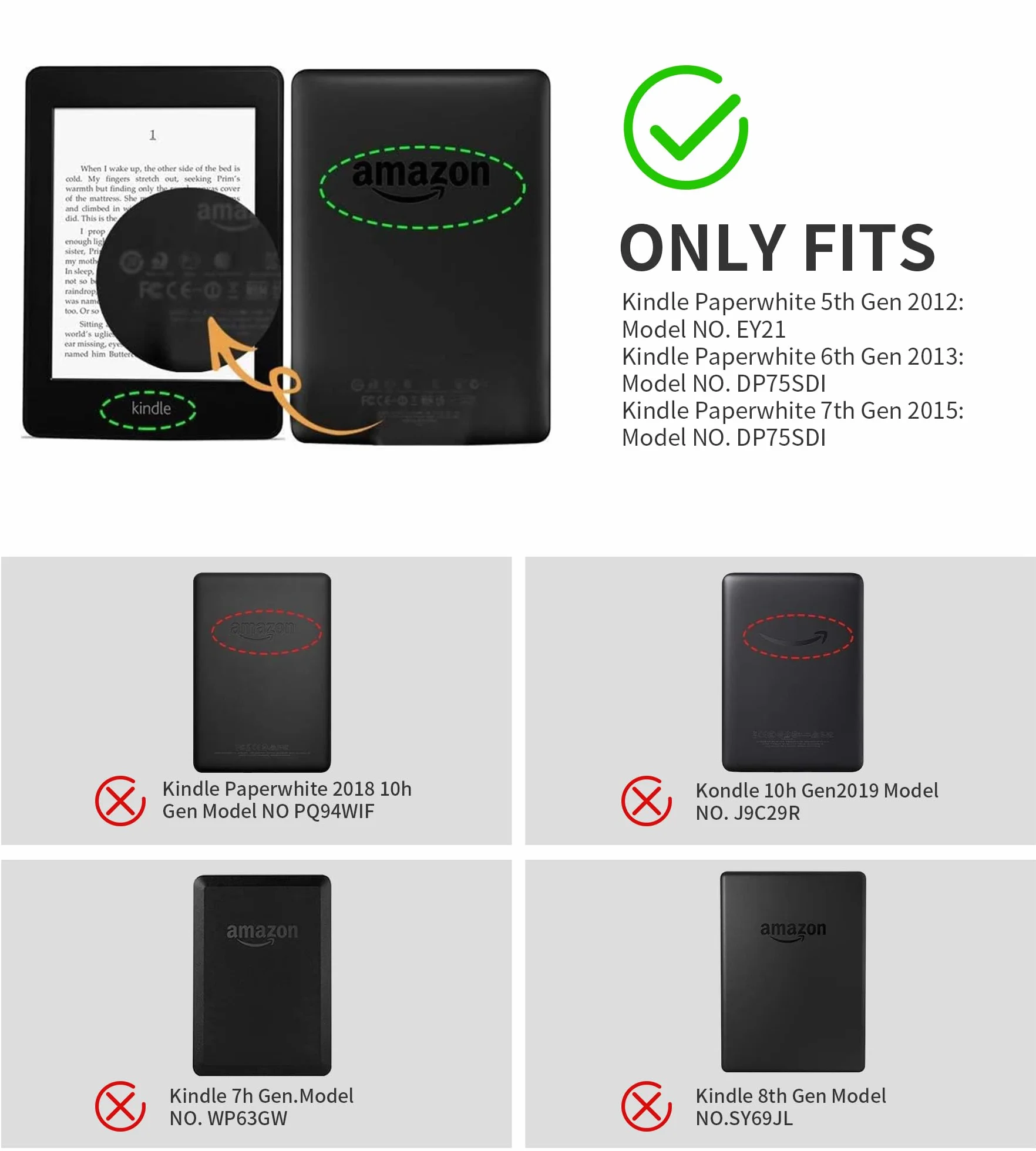 Étui à Rabat magnétique Compatible avec Kindle Paperwhite 2012-2017 (7e/6e/5e génération, numéro de modèle : EY21, DP75SDI) avec dragonne et Fonction Veille/réveil Automatique, Noir