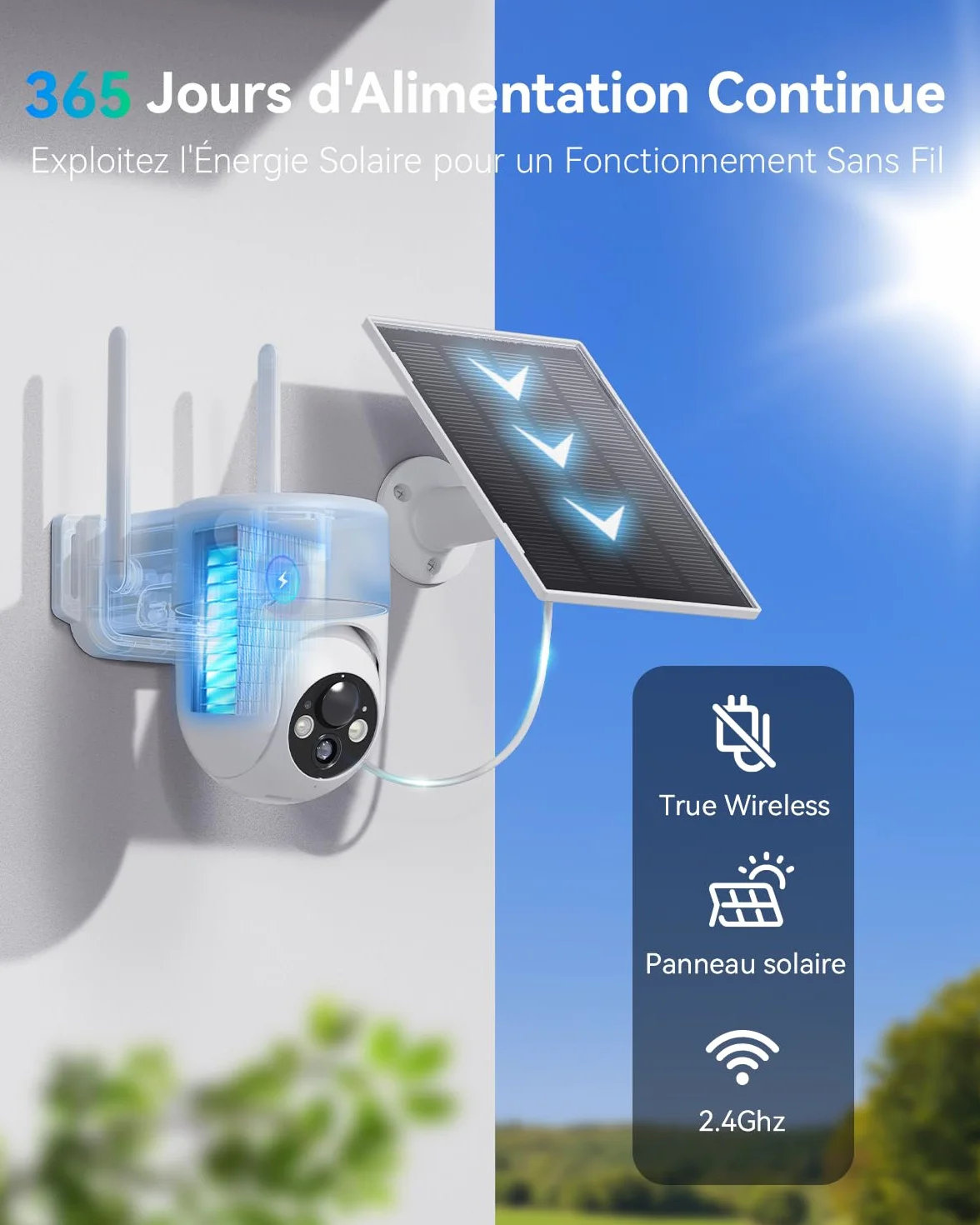 SEHMUA 2K Caméra Surveillance WiFi Exterieure sans Fil, 360° PTZ Caméra Extérieur sans Fil Batterie sur Panneau Solaire, 2,4 GHz, Vision Nocturne Couleur, Détection PIR, Audio Bidirectionnel, 2 Pièces