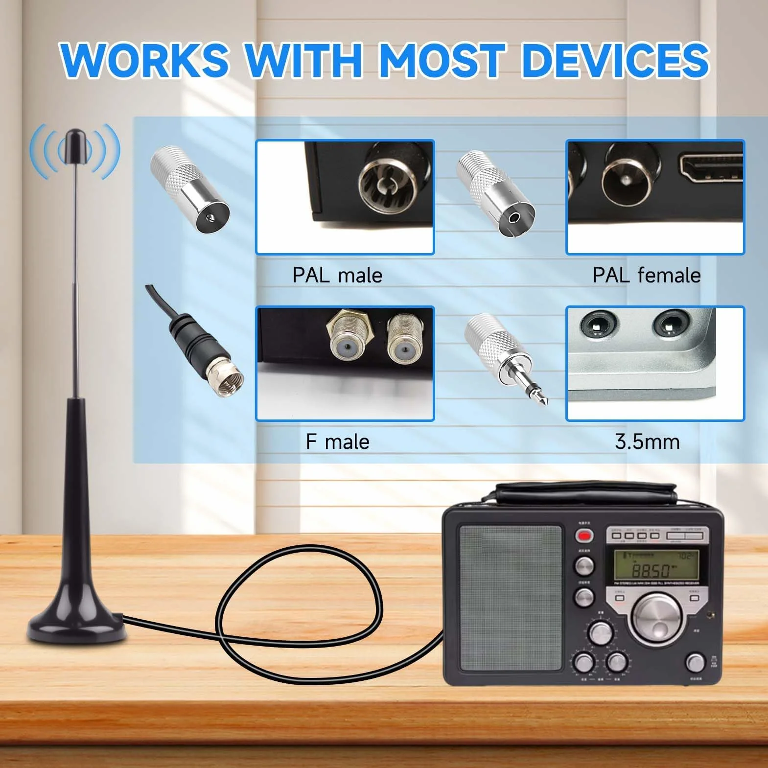 Antenne Radio FM Dab Intérieure 75 Ohm avec Base Magnétique - Antenne Télescopique Haute Réception pour Chaîne HiFi, Récepteur AV, Tuner Stéréo - Inclus 3 Adaptateurs (F Mâle/Femelle, 3.5mm)
