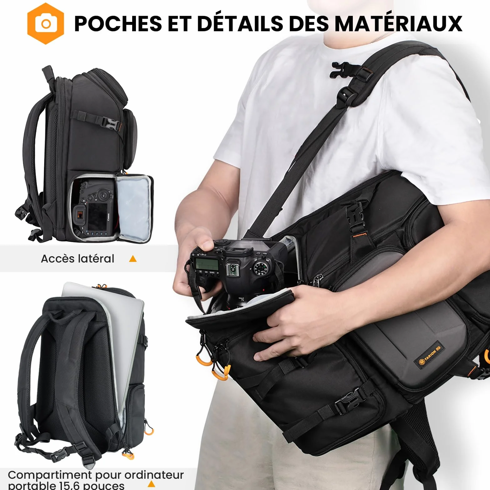 TARION Sac à Dos pour Appareil Photo 15L- Sac Photo avec Compartiment Ordinateur Portable 15,6" et Housse Imperméable | Pour Photographe, Randonnée et Voyage (PBL)