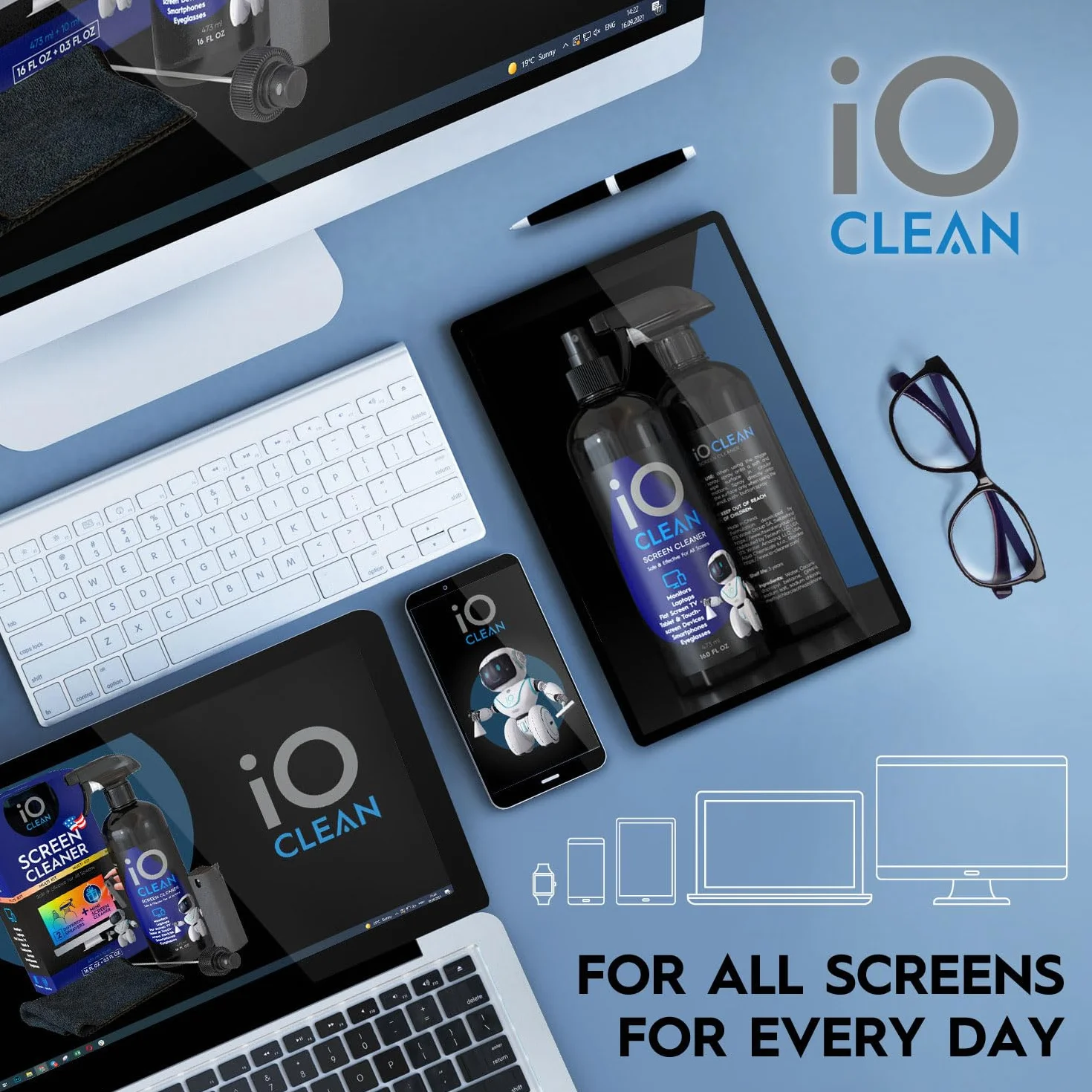 iO Clean Grand Kit de Nettoyage pour Écran (473ml) LCD LED OLED TV