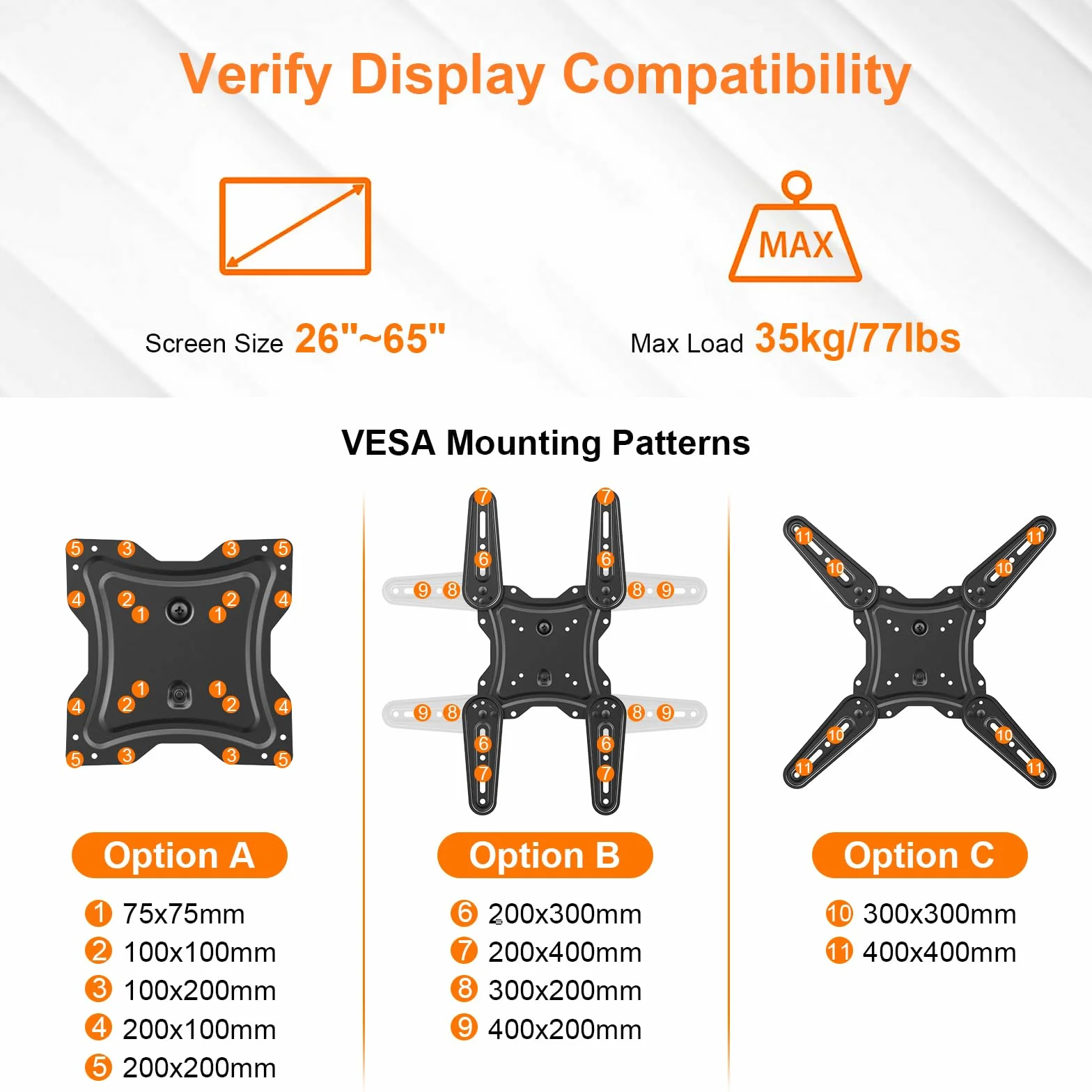 GRIFEMA Support Mural TV 26-65 Pouces - Fixation Murale TV Peut Contenir Jusqu'à 35KG, Accroche Television Mural Orientable (± 90°), Incline (+ 6°, -12°) et Étend, Support Vesa pour TV Plat/Incurvé
