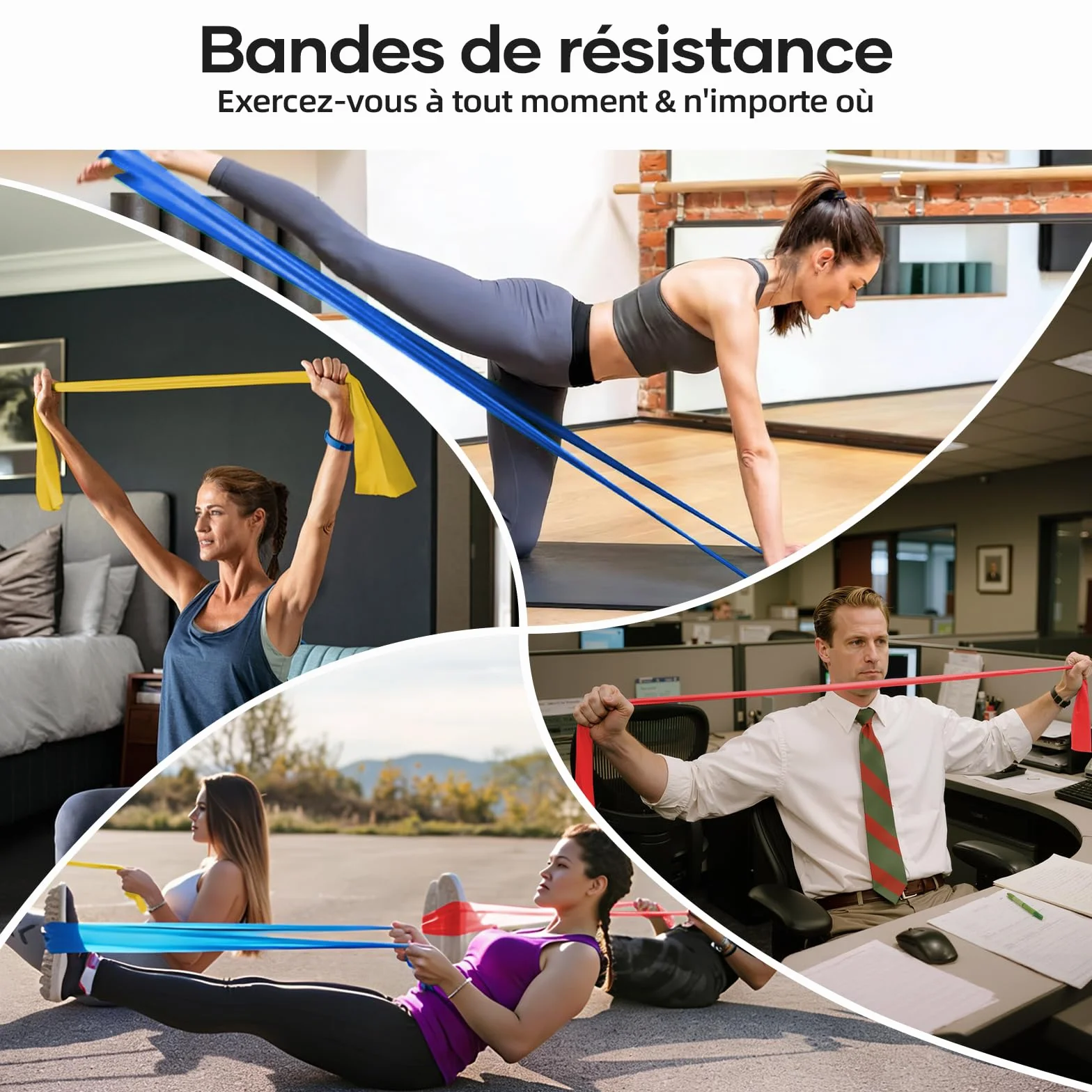 Bande Élastique Musculation 3 Pièces 1.5M/2M Fitness avec 3 Niveaux de Résistance Yoga Pilates