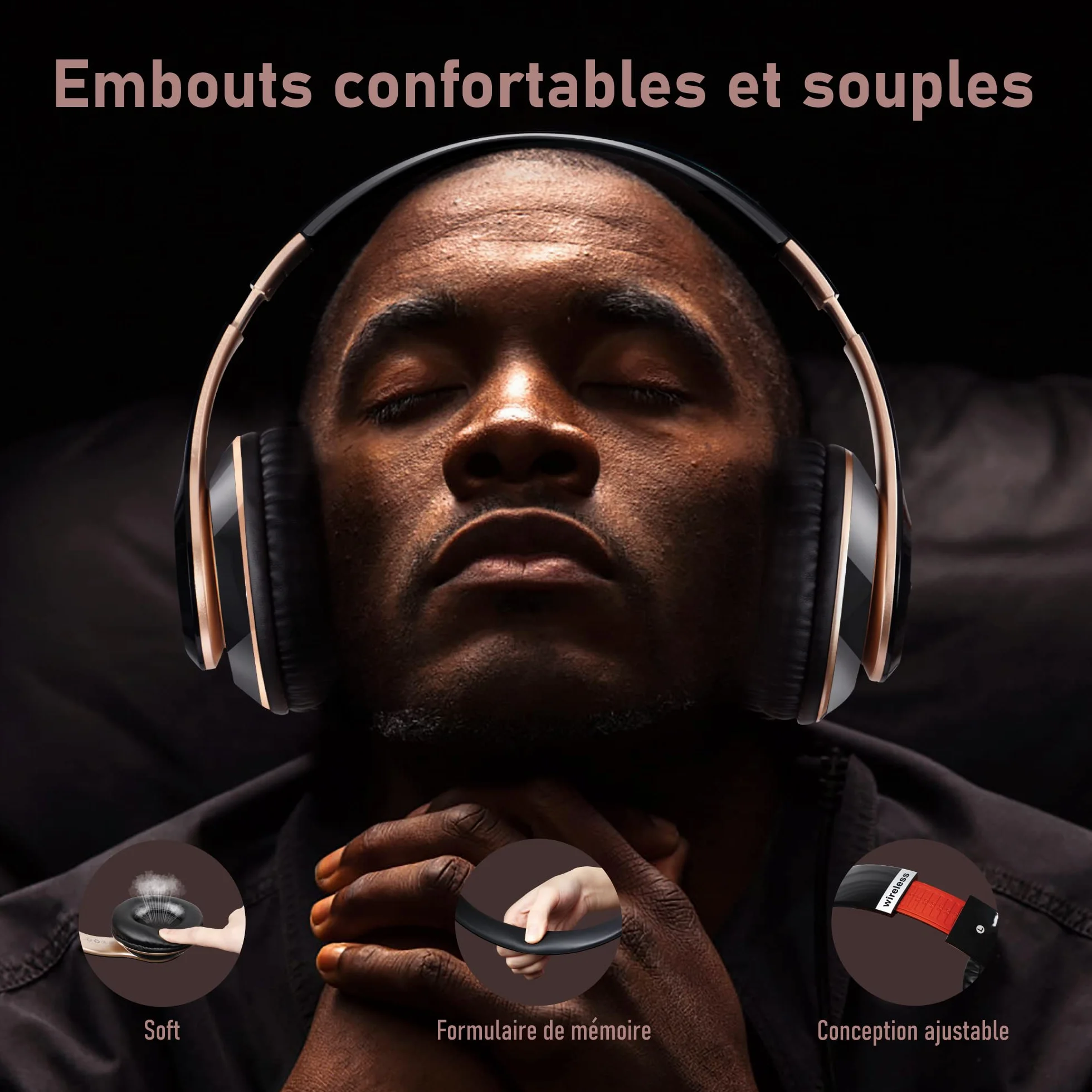 Casque Bluetooth sans Fil, Casque Bluetooth Supra-auriculaire avec 6 Modes d'égalisation, Casque sans Fil 65 Heures avec Microphone HD Intégré, FM, SD/TF pour l'extérieur, Le Transport