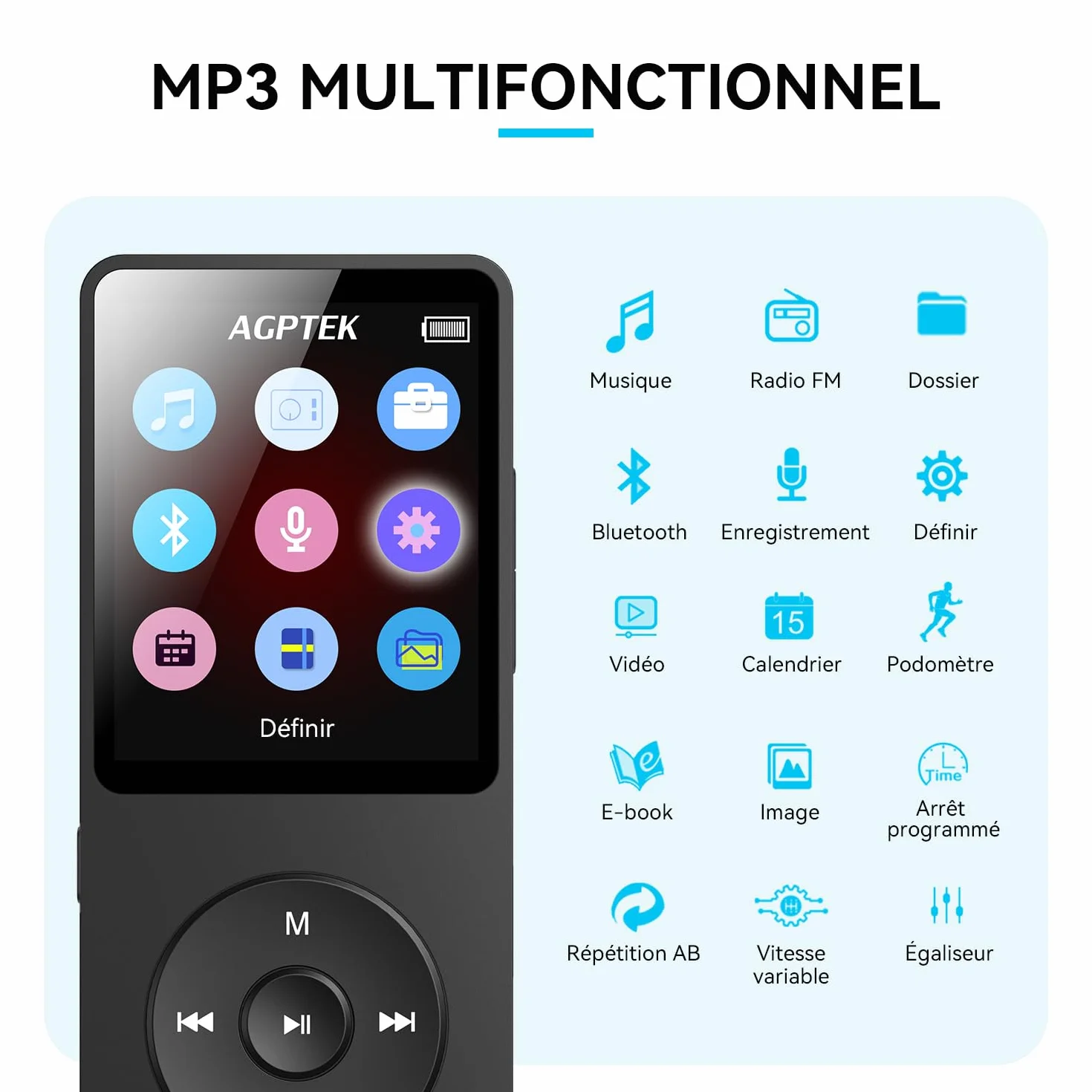 AGPTEK Lecteur MP3 Bluetooth 5.3 32Go HiFi sans Perte 70H Autonomie Baladeur Portable Radio FM Enregistrement