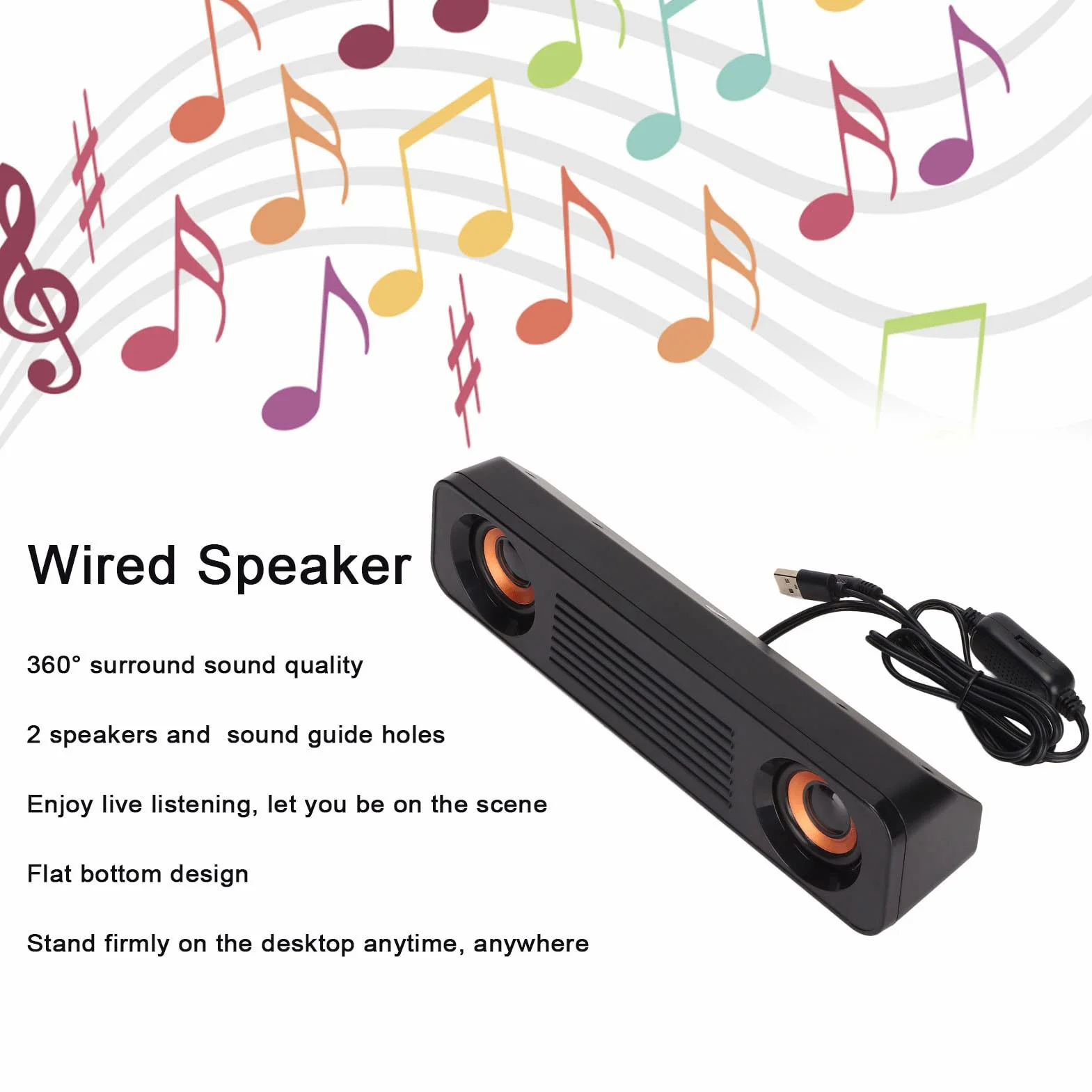 Barre de Son pour TV, Haut-Parleur Filaire Portable HiFi Stéréo Caisson de Basses, USB, Prise 3,5 mm