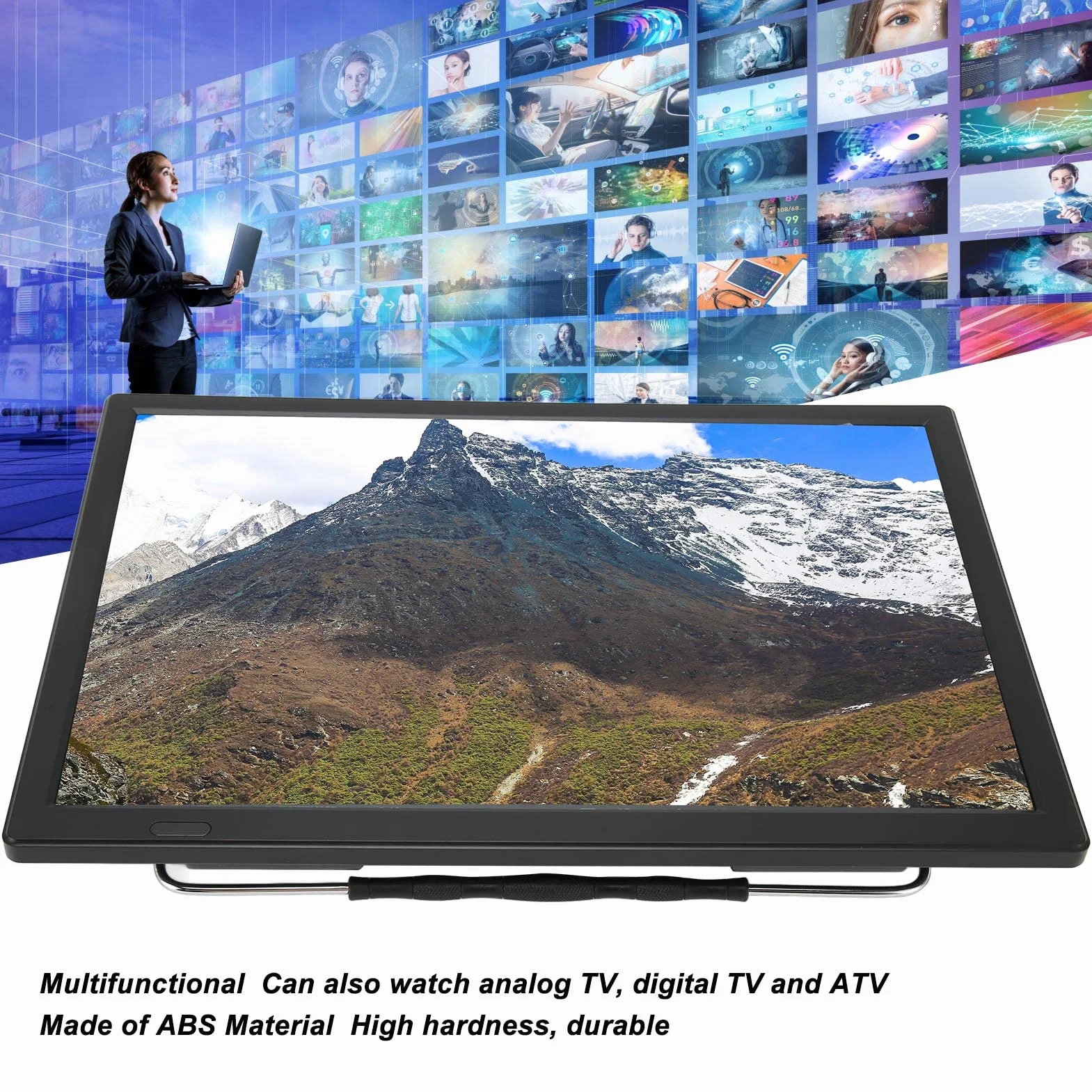 Moniteur LED TV Portable 16 Pouces, écran HD LED TV avec Batterie au Lithium Rechargeable, pour Voiture, Caravane, Camping, Extérieur, Cuisine, Télévision/Moniteur avec Prise USB