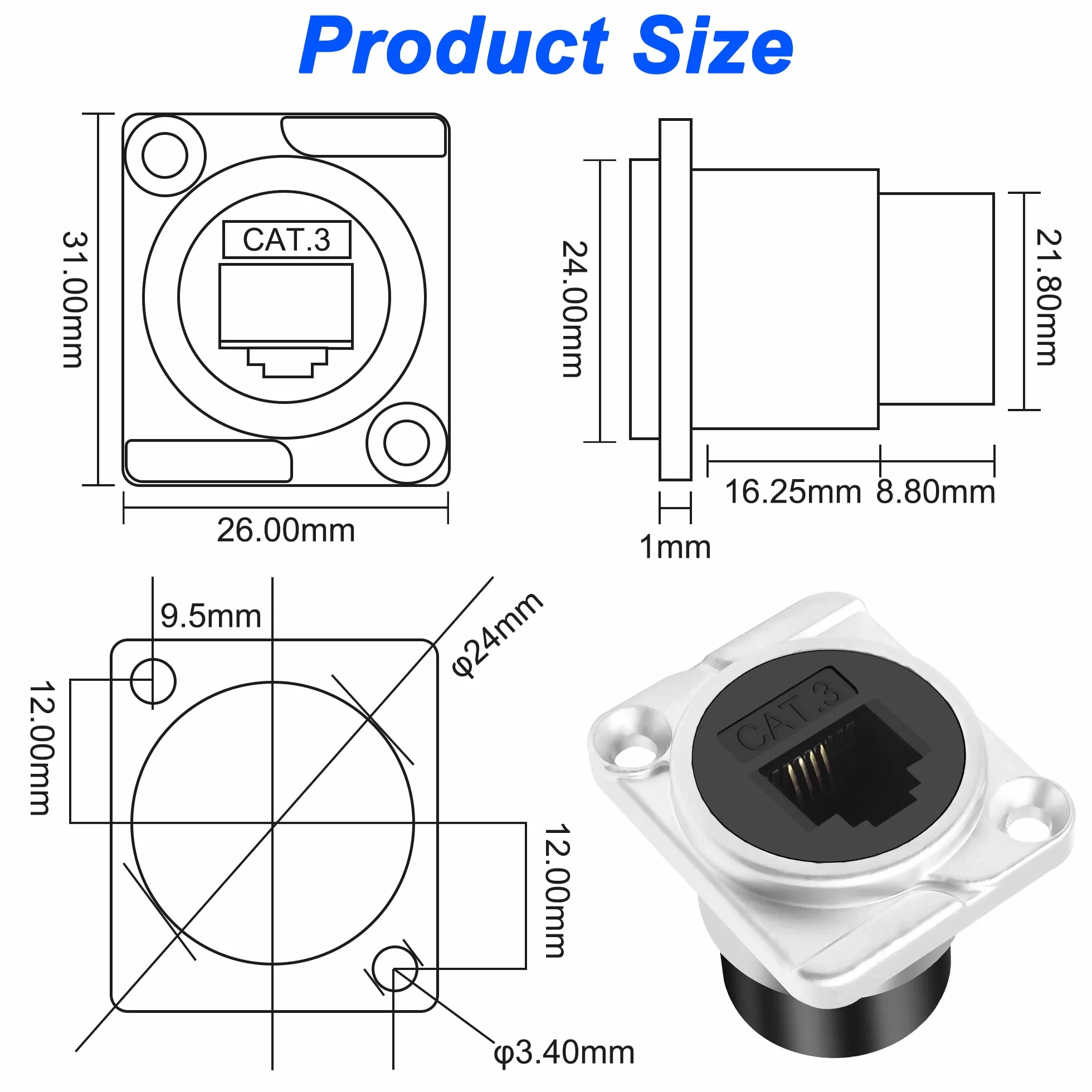 XMSJSIY Lot de 2 adaptateurs de panneau de type D RJ11 CAT3 femelle vers femelle type D CAT3 6P4C pour téléphone - Adaptateur passe-through - Adaptateur de bureau - Argenté