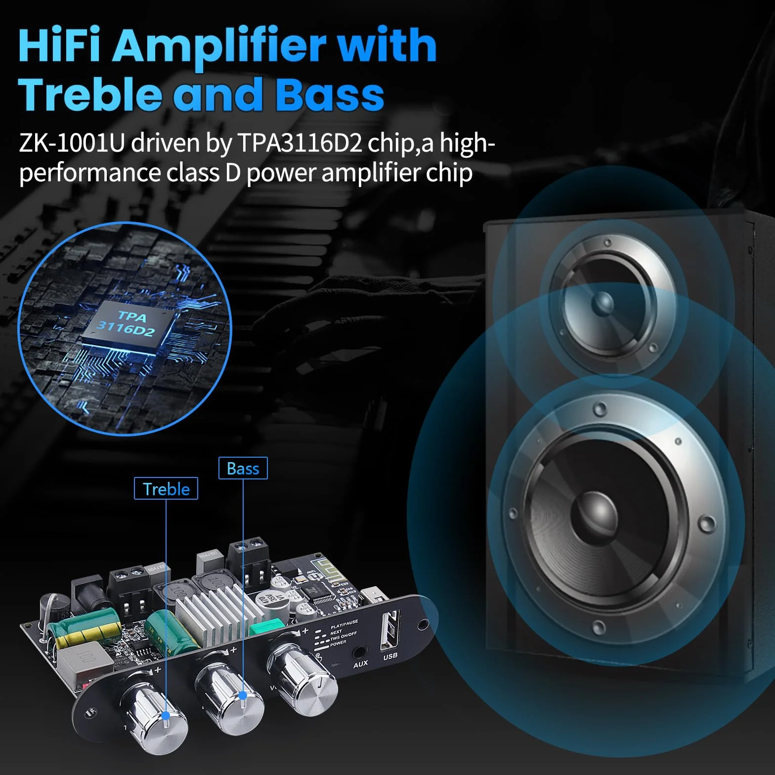 ZK-1001U Amplificateur audio Bluetooth 5.3 100W Stéréo HiFi avec entrée TB/USB/AUX